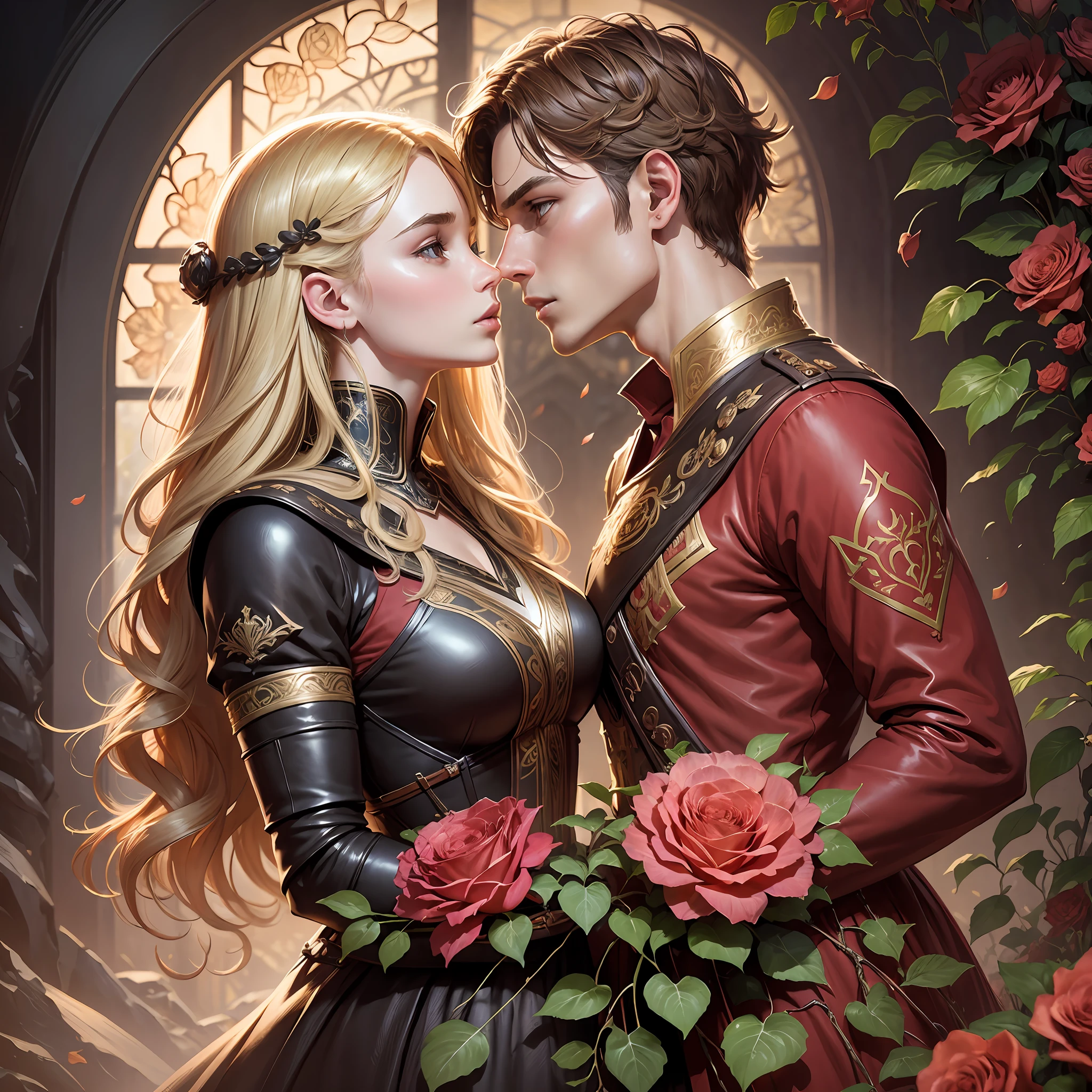 Couple kisses with great affection, Neels Visser is a prince who has golden blonde hair, wears a medieval military outfit and is in love with the commoner Lily Collins, who has curly brown black hair and wears a red dress, illustration of a romance book cover with a detailed, smooth, bright background full of ivy-covered flowers and red roses,  ornate dress standing on a bed of roses, rim light, dynamic lighting, ethereal lighting, ultra detail, concept art, elegant, surreal, art by Lisa Aisato, Greg Hildebrandt, Citemer Liu, Stjepan Sejic, Samyang, Aykut Aydogdu, Justin Gerard, Alphonse Mucha, Artgerm, WLOP and Greg Rutkowski --auto --s2