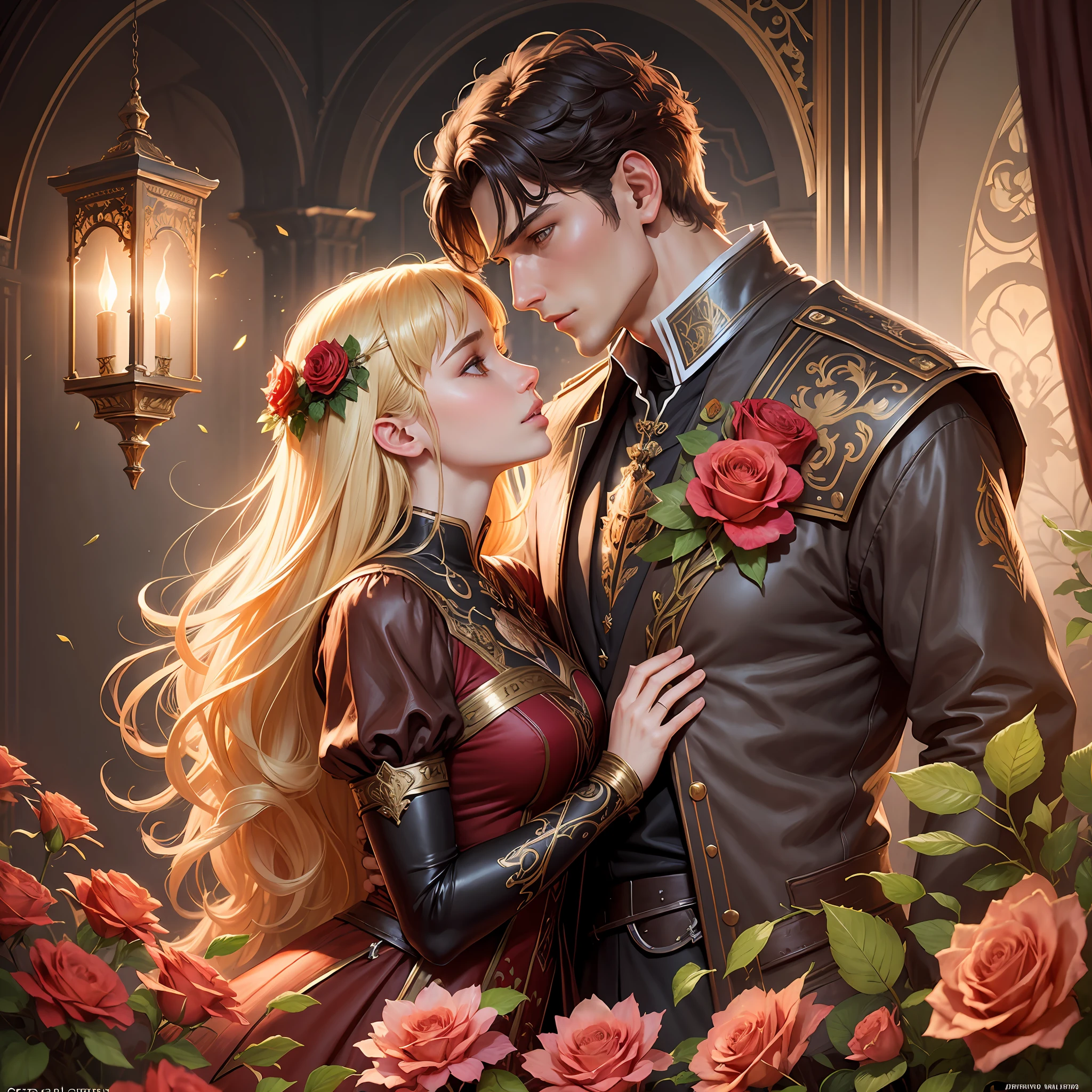 Couple kisses with great affection, Neels Visser is a prince who has golden blonde hair, wears a medieval military outfit and is in love with the commoner Lily Collins, who has curly brown black hair and wears a red dress, illustration of a romance book cover with a detailed, smooth, bright background full of ivy-covered flowers and red roses, ornate dress standing on a bed of roses, rim light, dynamic lighting, ethereal lighting, ultra detail, concept art, elegant, surreal, art by Lisa Aisato, Greg Hildebrandt, Citemer Liu, Stjepan Sejic, Samyang, Aykut Aydogdu, Justin Gerard, Alphonse Mucha, Artgerm, WLOP and Greg Rutkowski --auto --s2