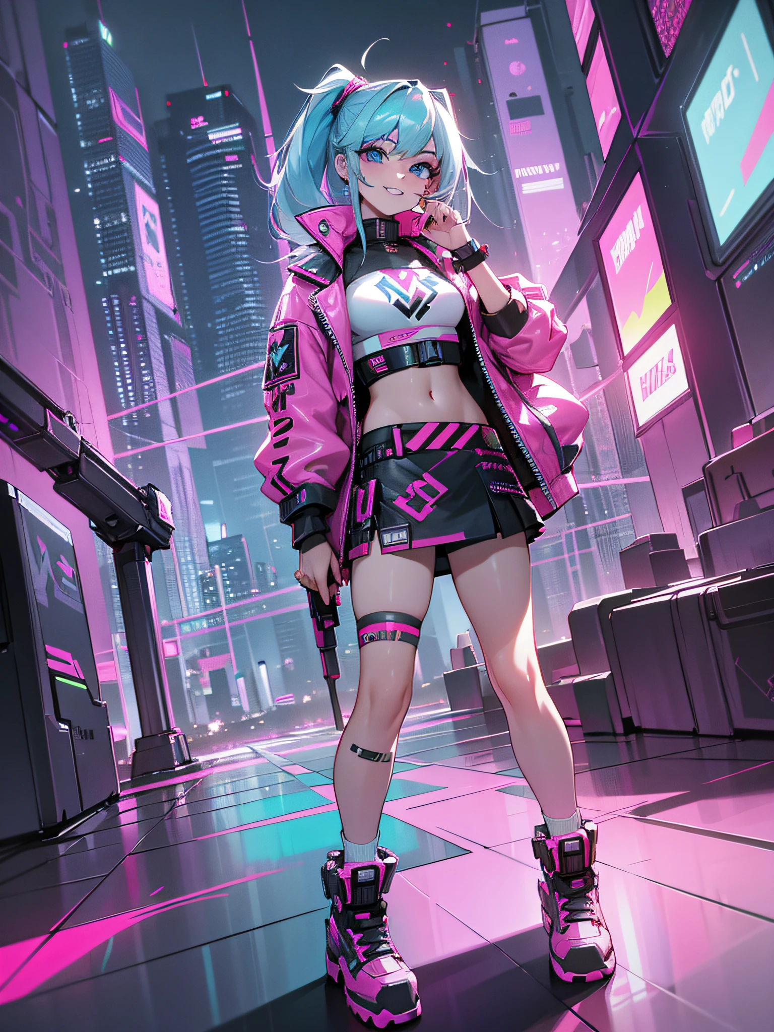 HDR, Hi-Res, 4k images, light blue eyes, pink guns, pink 7/8 half miniskirt and socks, gamer theme, gamer aesthetics, cyberpunk style clothes, cyberpunk costumes, cyber universe style, Kim Petras portrait, gamer scenario, rave costume, cyberpunk 20 years old. 1 girl model, smiling, wearing streetwear --auto --s2