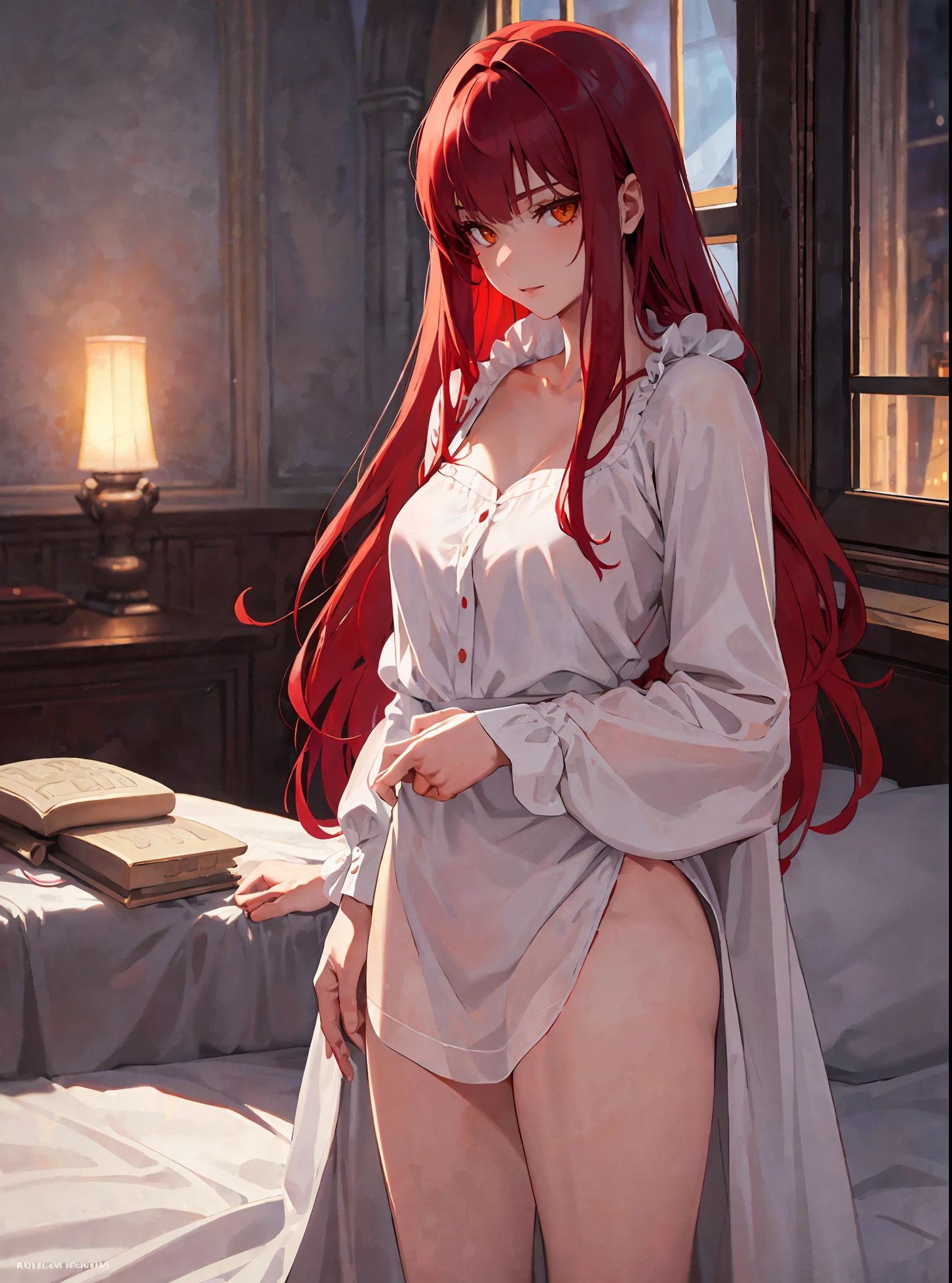 (masterpiece, best quality) an adult woman with very long red hair, sleepwear, white clothes, white shirt, no pants, (night), long stockings, (body covered in red sheets), queen, alone, yellow eyes, serious, emotionless, bed, (dawn), white room, awakening, straight bangs, very long red hair, evil, (yellow eyes), flirtatious, gothic, window, moonlight, medium chest, head-to-waist portrait, cinematics, (solo), color oil painting, cinematic lighting, extremely detailed face, finely detailed face, beautiful face, beautiful eyes, perfect lighting, depth of field, (realistic proportions), (good anatomy)