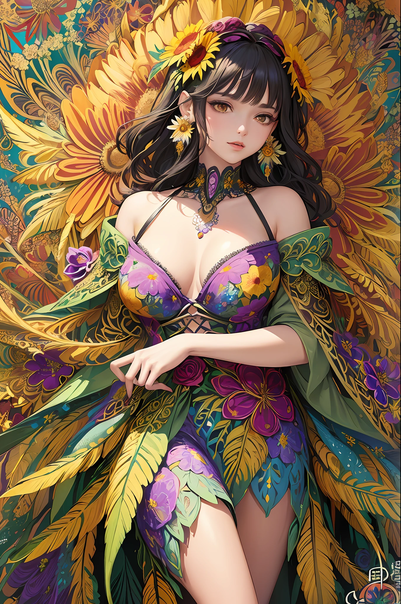 (masterpiece, top quality, best quality, official art, beautiful and aesthetic:1.2), (1girl:1.3), extremely detailed,(fractal art:1.1),(colorful:1.1)(flowers:1.75),highest detailed,(zentangle:1.2), (dynamic pose), (abstract background:1.3), (shiny skin), (many colors:1.4), sunflower,(earrings:1.4), (feathers:1.4)