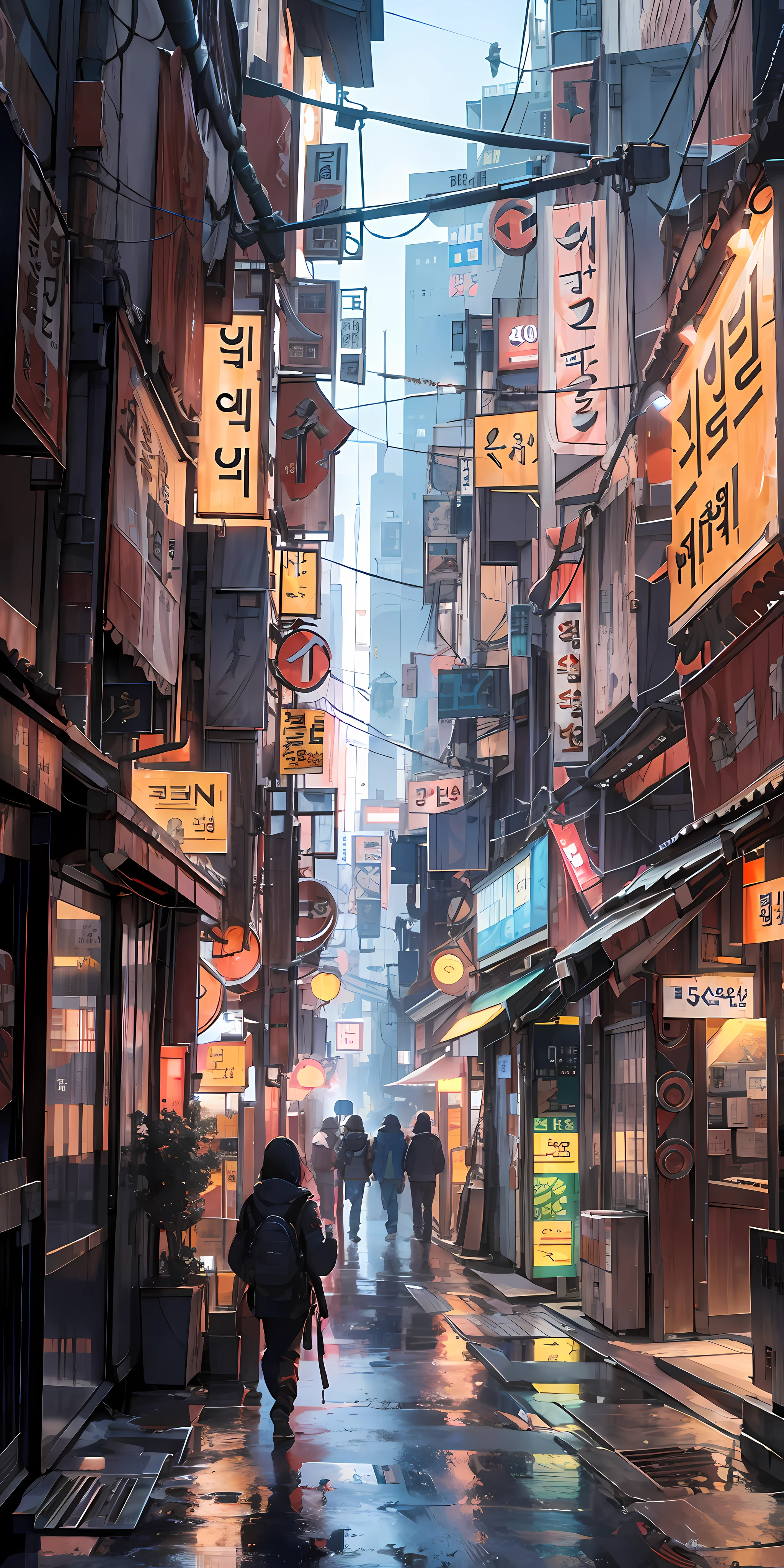 lonely ally in Seoul, cyberpunk city from sci-fi movie, empty street, Korean, Korean signs, intricate, high quality, ultra detail, crazy detail, 8k