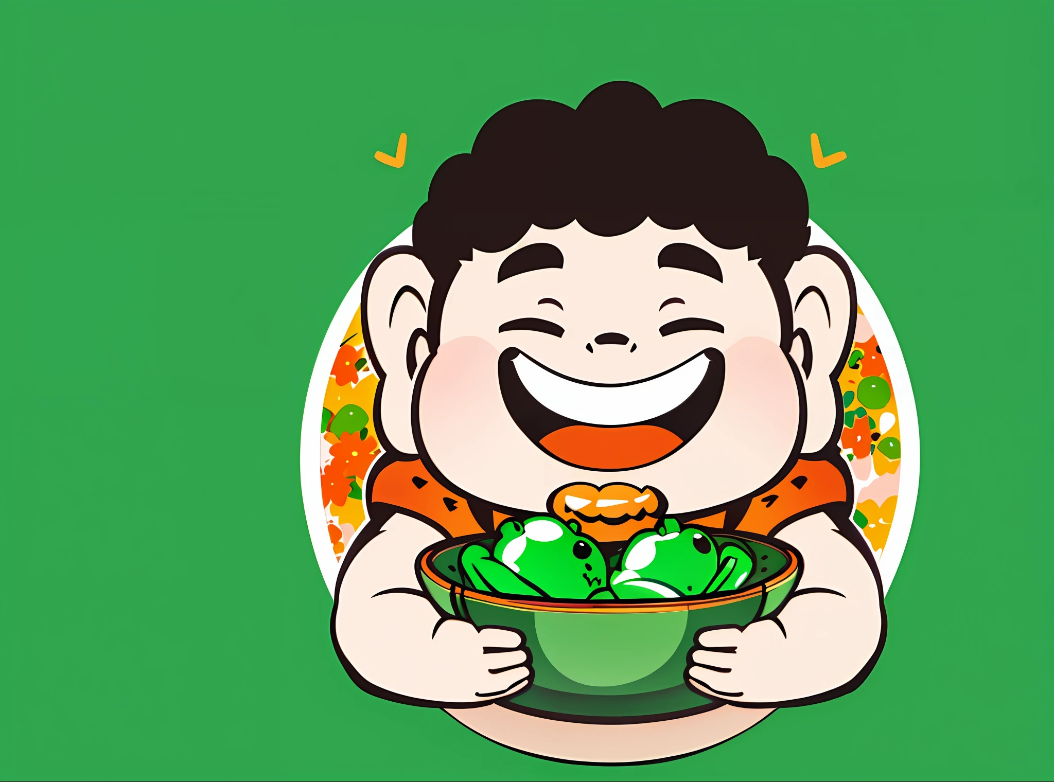 A fat boy holds a green bowl with a smile on it, cute, with frogs in the bowl,