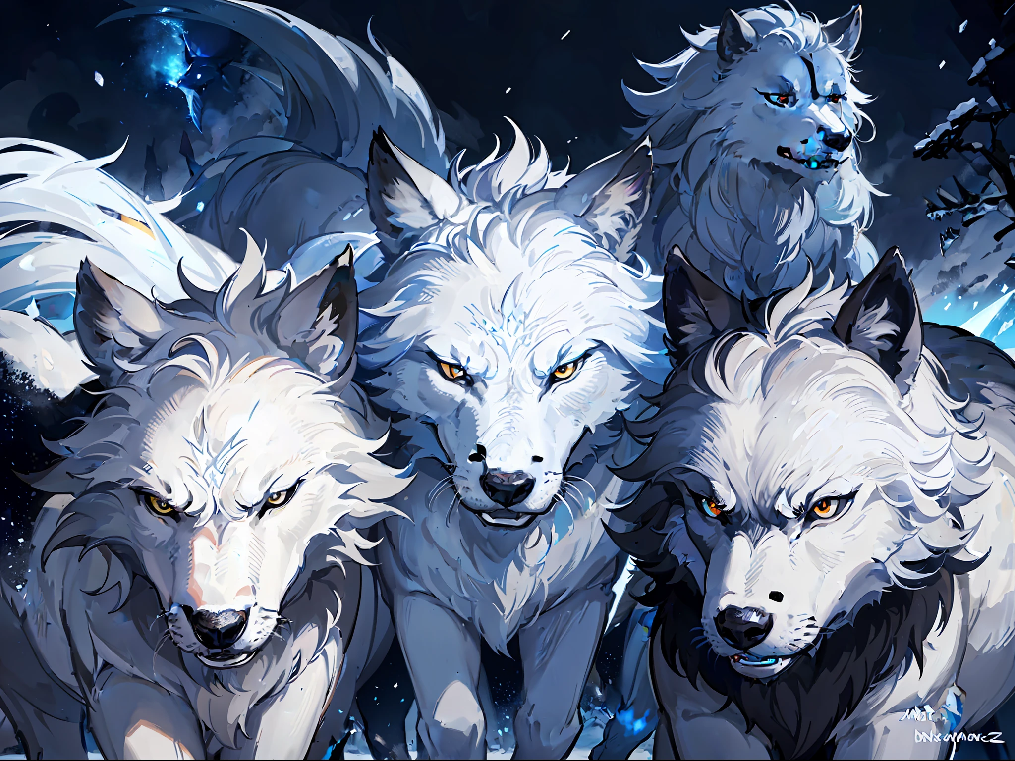 A group of arctic wolves, looking at the herd of musk cattle, (((angry and fierce))), mighty and domineering, exuding murderous energy, black magic, (blue eyes), (ethereal lights), (mysterious atmosphere), (intricate details), snow, night, starry sky, full body photo, front
