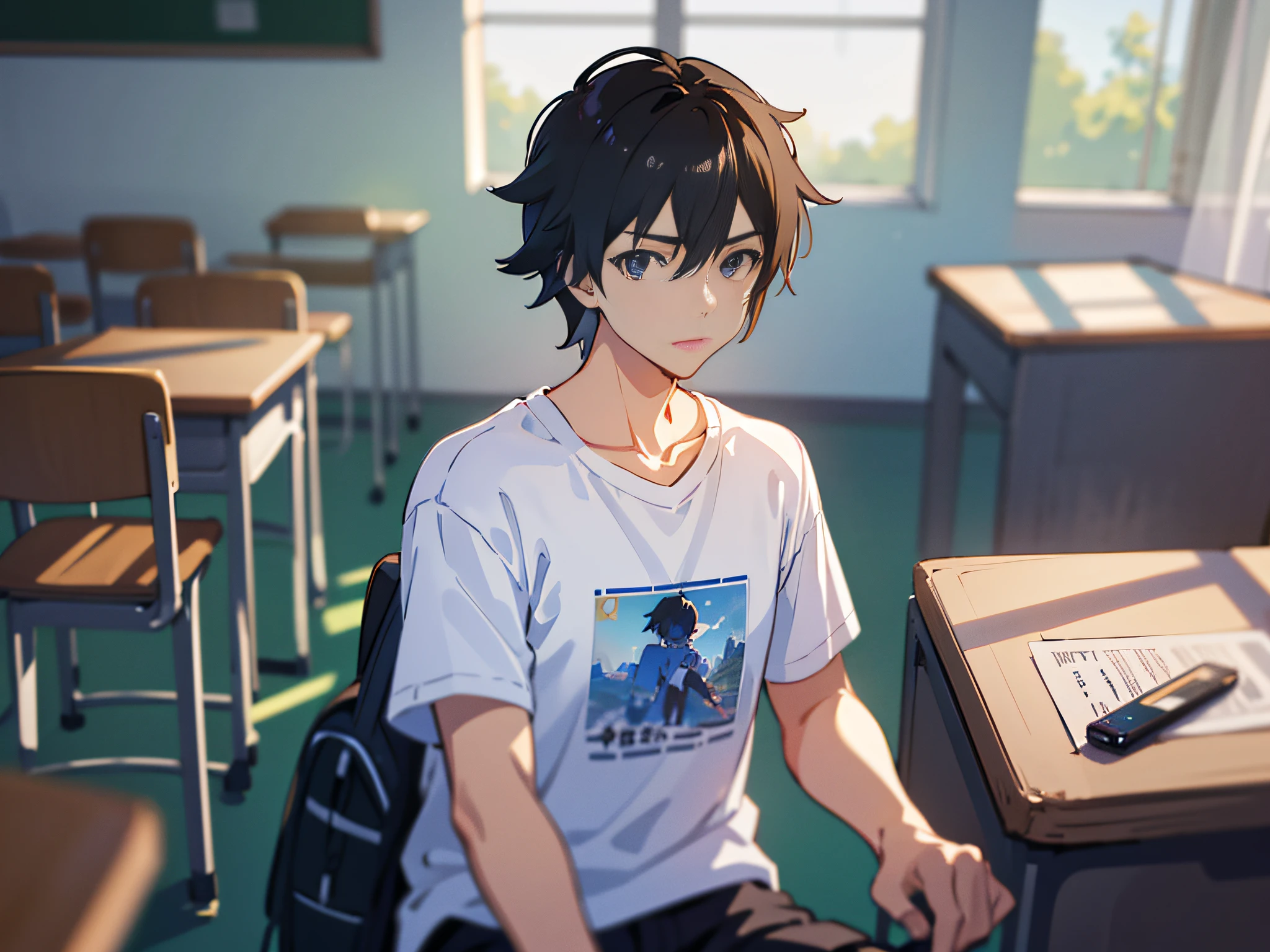 A boy in the classroom exam, the background is inside the classroom, multi-person exam, test 1.5, the man wears a white T-shirt, the background is inside the classroom, sitting on a stool, the camera is mainly the upper body, Loepfe art style, ((Makoto Shinkai)), popular on CGSTATION, Makoto Shinkai. —H 2160, Loepfe aesthetics, Loepfe, inspired by Bian Shoumin, Loepfe hip hop, Shinkai Makoto, Kavasi, Guvitz style, high quality, 4K, 8K, resolution, --auto --s2