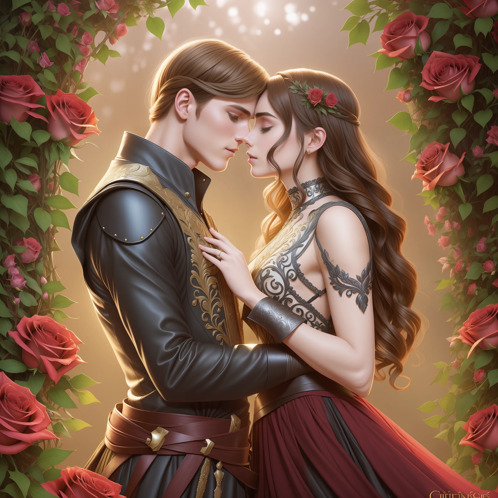 Couple kisses with great affection, Neels Visser is a prince who has golden blonde hair, wears a medieval military outfit and is in love with the commoner Lily Collins, who has curly brown black hair and wears a red dress, illustration of a romance book cover with a detailed, smooth, bright background full of ivy-covered flowers and red roses,  ornate dress standing on a bed of roses, rim light, dynamic lighting, ethereal lighting, ultra detail, concept art, elegant, surreal, art by Lisa Aisato, Greg Hildebrandt, Citemer Liu, Stjepan Sejic, Samyang, Aykut Aydogdu, Justin Gerard, Alphonse Mucha, Artgerm, WLOP and Greg Rutkowski
