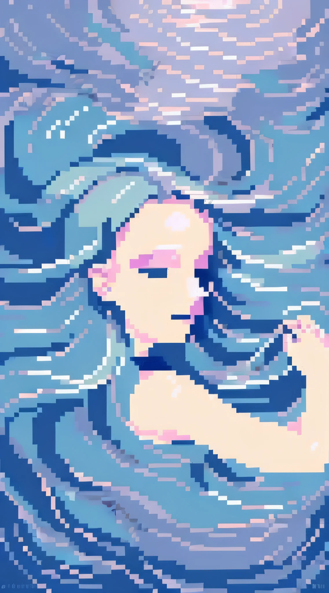 pixel art of a dead girl in a white dress sinks into the sea, ophelia, face hidden by hair, eyes closed, from side, (looking away), beautiful, dark, underwater, dark grayish color, dark, dramatic,