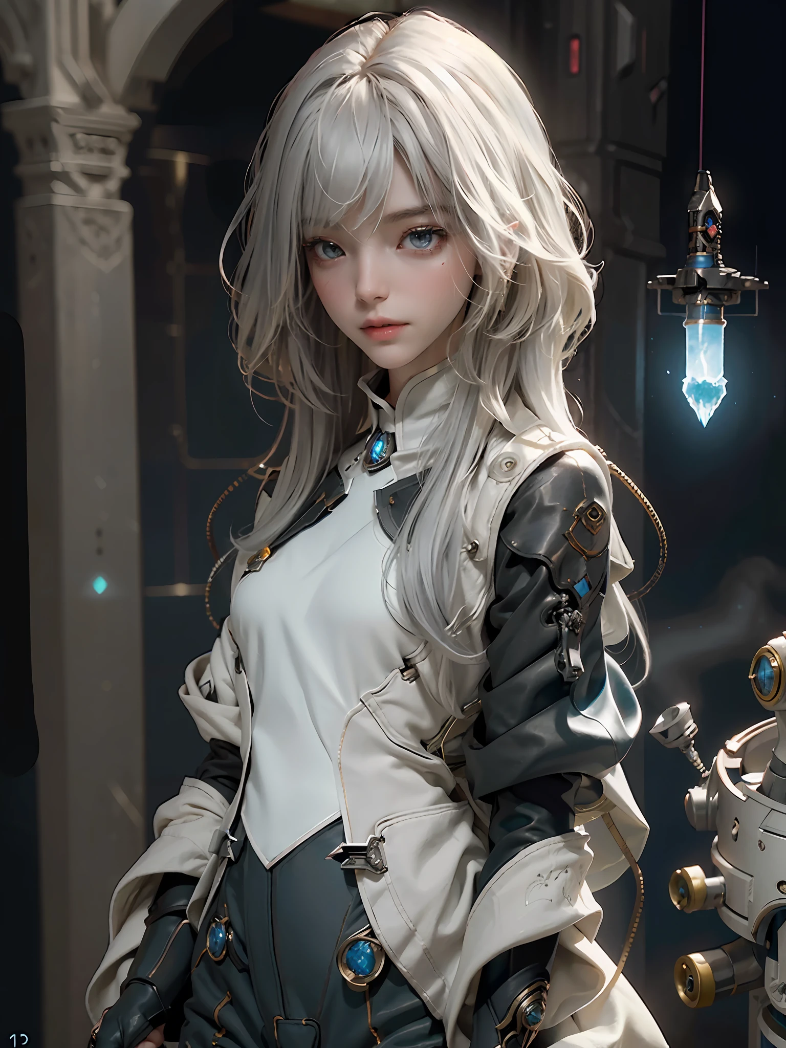 ((Best Quality)), ((Masterpiece)), (Details: 1.4), 3D, Bust, (Young Girl), Solo, Portrait, ((Straight Face)), (Body Front), (A Beautiful Petite and Slender Young Girl Image), ((Small Breasts)), ((Bust Photo)), (Upper Body), (Slender Perfect Body: 1.2), (Perfect Face), (Young Face), glowing eyes, (Yellow Eyes: 1.2), (Perfect Eyes), (Perfect Hands), (Perfect Fingers), (Soft and Simple Hair: 1.5), (Simple Tight Combat Suit: 1.3), Golden Hair, Collar, (Gloves: 1.2), (Guns), Chains, In the Distant Future, the line between science fiction and fantasy has disappeared, and the world is an awesome tapestry of wonder. Enter a universe where magic and technology coexist in harmony and shape the fate of civilization in the vast expanse of space. At the heart of this field is celestial relations, an interstellar center of mysterious energy and technological wonders. Here, arcane knowledge is intertwined with cutting-edge science, giving birth to a society brimmed with the power of ancient spells, while occult arts enhance technology. As a young explorer, embark on a grand adventure destined to unlock the secrets of the celestial bond. As you travel through the uncharted realms of the universe, encounter various civilizations full of creatures with extraordinary abilities. From the ethereal spire of the elves, where the art of traveling across dimensions is perfected, to the cybernetic enclave of the Android Group, witness the tapestry of life where magic and technology intertwine. Unleash your latent power as you adapt to the energy flowing through the Nexus. Take advantage of the ancient spells of forgotten witchcraft to propel your starship through the vast universe. Wield enchanted weapons infused with futuristic enhancements to shape surging energy and engage in epic battles against cosmic abominations and intergalactic tyrants. Uncover the origins of this harmonious blend of magic and technology as you delve into the mysterious realm of celestial relationships. Discover anc