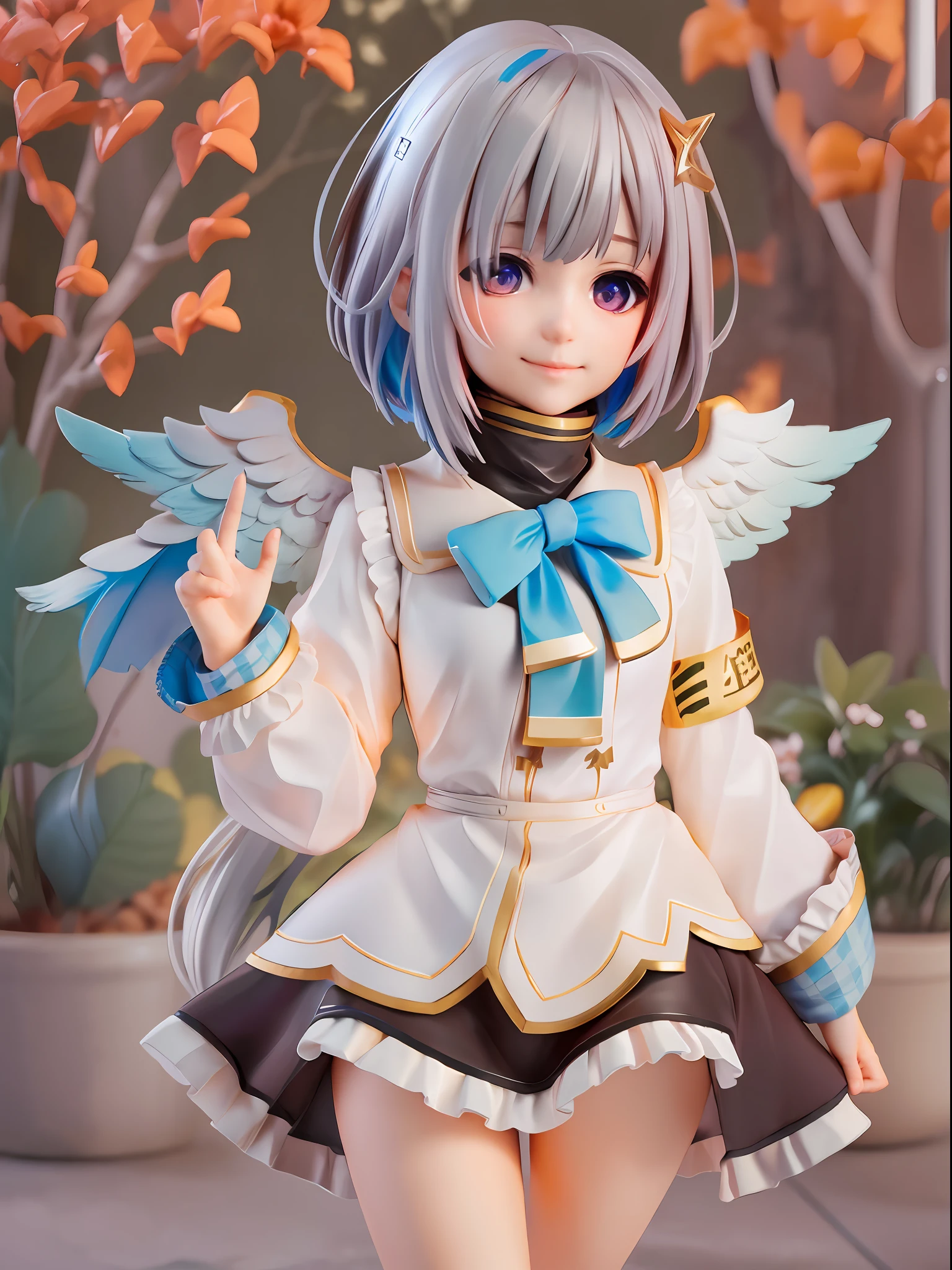 girl, amane kanata, star halo, solo, halo, angel wings, multicolored hair, asymmetrical hair, single hair intake, purple eyes, armband, 
BREAK
short hair, blue hair, grey hair, socks, long sleeves, grey jacket, bob cut, streaked hair, bangs, frills, wide sleeves, white wings, 
BREAK
black skirt, hair over one eye, frilled skirt, blue socks, sleeves past wrists, turtleneck dress, miniskirt, blue wings, cowboy shot, walking, garden,
BREAK
full body, chibi, [realistic], [3d], (3dcg), ((octane render)), [fisheye], smile, closed mouth, full body
BREAK
(8k, RAW photo, best quality, masterpiece:1.2), ultra high res, (((realistic, photo-realistic))), professional lighting, detailed lighting, professional photography, fisheye, dynamic angle, high quality, high res, extremely detailed, bloom
BREAK
depth of field, sketch, sharp focus, soft lighting, good composition, god light highlight, detailed, (((photorealistic details))), detailed skin, to8contrast style