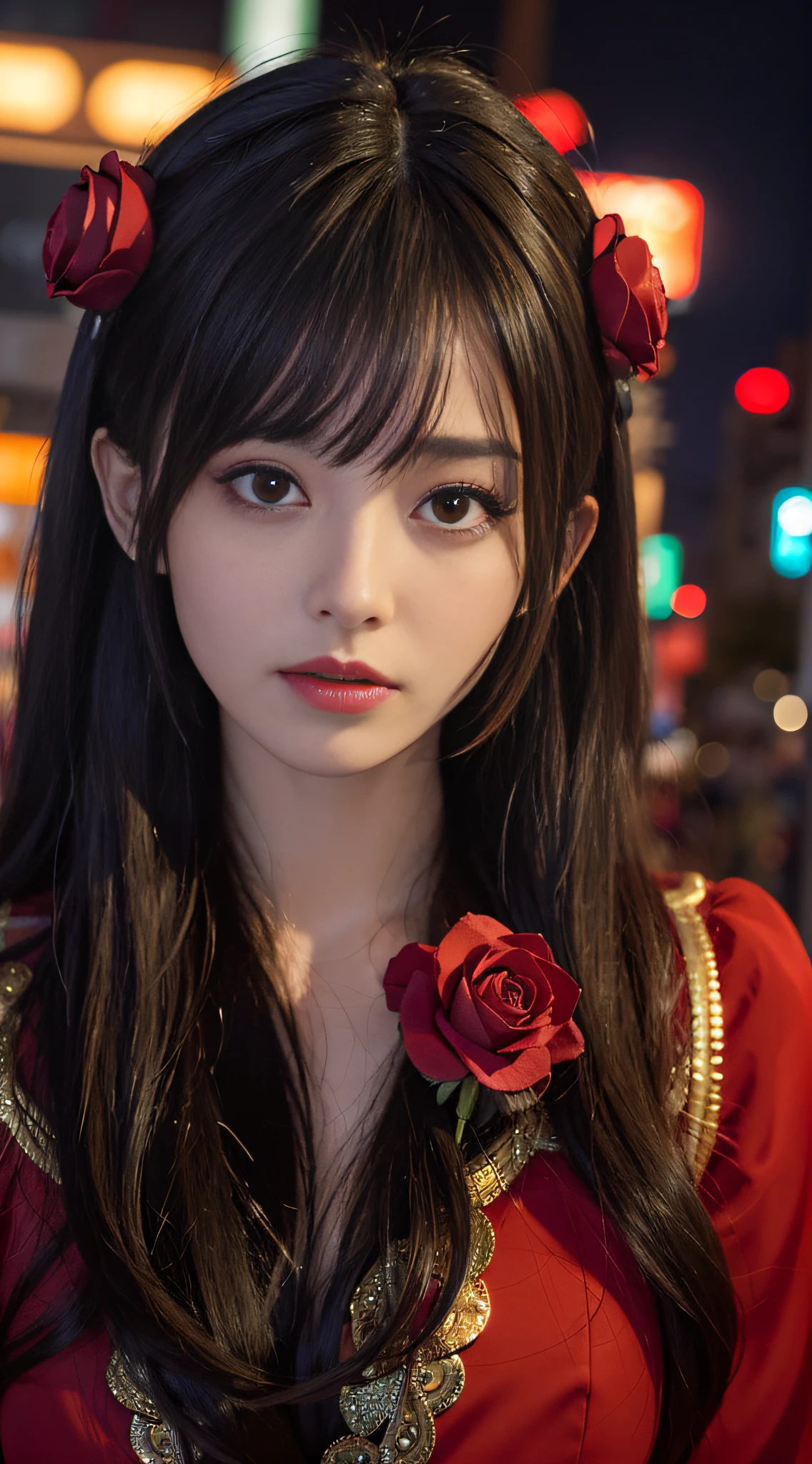 1girl, Tokyo street,night, cityscape,city lights, upper body,close-up, 8k, RAW photo, best quality, masterpiece,realistic, photo-realistic,headgear of red rose, parted bangs, long hair,