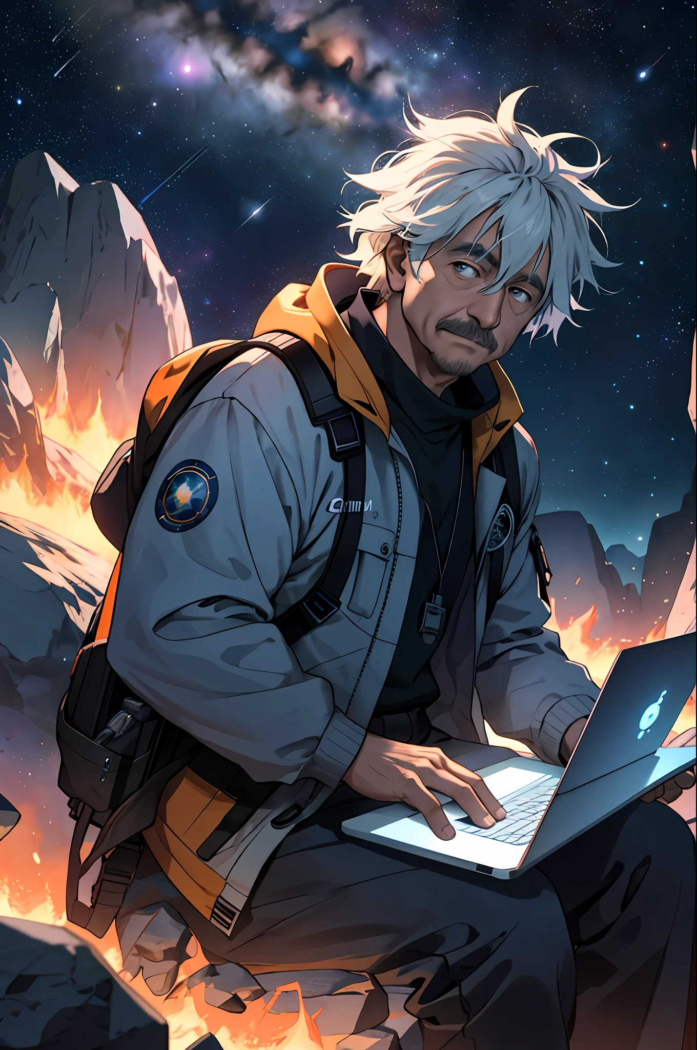 Draw Albert Einstein sitting on a research platform floating in the middle of an asteroid belt. He is studying with a laptop, surrounded by several asteroids glowing with auras of fire. The dramatic illumination of distant stars and planets illuminates the scene, casting deep shadows on the costume. Albert Einstein seems confident and determined, looking at the vast and mysterious universe with admiration and respect, cowboy shot,