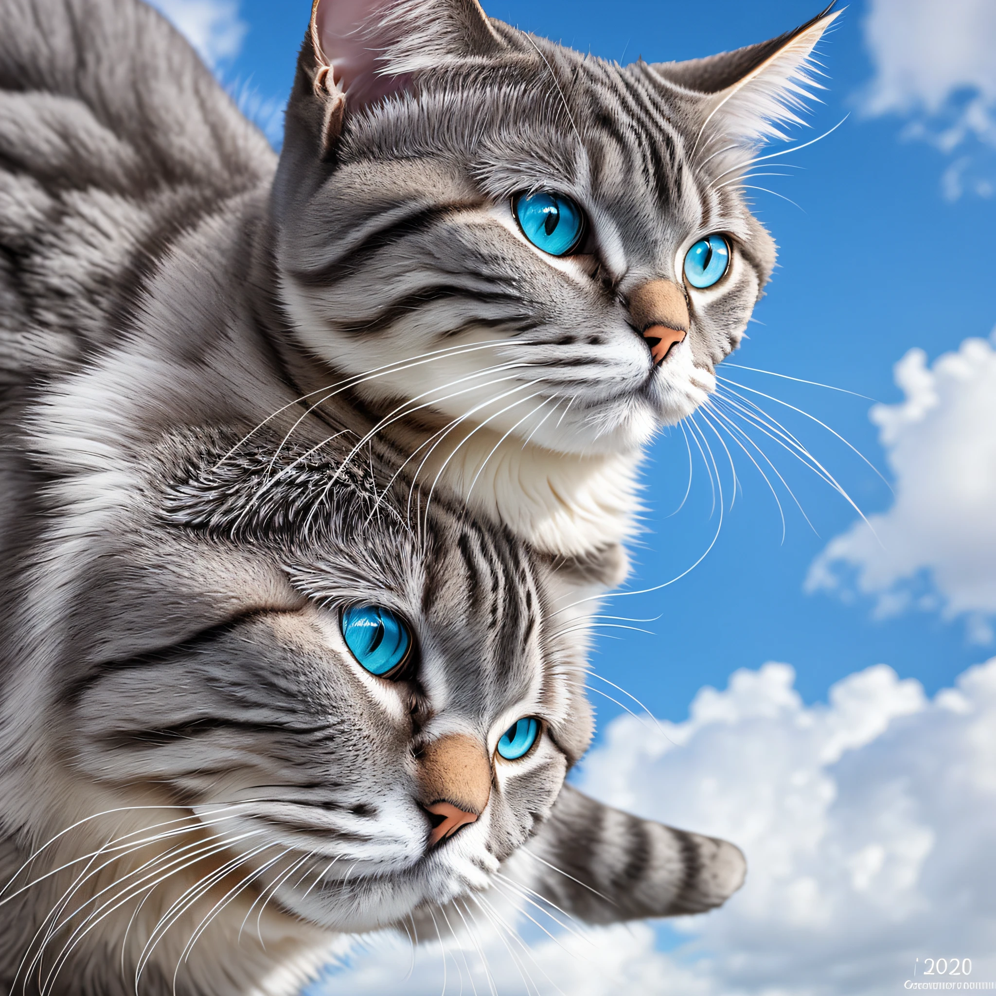 Hyper realistic portrait of a Scottish Fold grey cat soaring gracefully through the sky, detailed fur texture, bright blue sky backdrop, dramatic clouds, intense gaze, Canon EOS 5D Mark IV, Canon EF 70-200mm f/2.8L IS III USM lens, f/2.8, well-lit, vibrant colors --v 5 --q 2 --ar 4:3 --auto --s2