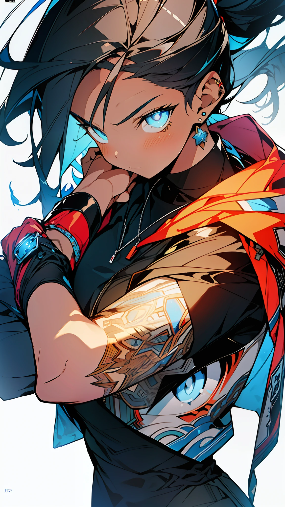 1girl, excellent lighting, sidelighting, (curvy: 1.2), vhsKeeper, 1 man, style GUILTY GEAR -STRIVE perfect(flat color: 1.3), (magazine_cover: 1.4), (multicolored_background: 1.3), striped_background, card_background, mixed-language_text, :: comix style by joe madureira :: , , ultra detailed shirt with abstract design, with Japanese letter print in graffit of the sides of the dress, image of man fighting with alien creature full of tentacles , with immersive effects, hover effect, background graffiti style tribal tattoo with vibrant colors "ultra hdr" detailed and with focus effect, (masterpiece: 1.2, best quality), (finely detailed beautiful eyes: 1.2), , ((Solo)), (Blue eyes:1.4), (Finely detailed eyes and detailed face :1.3), in various full-body attack poses, (beautiful and clear background: 1.2),futuristic costume, Super detailed circular metals Clinging to the arms and pants, fantastic paintings