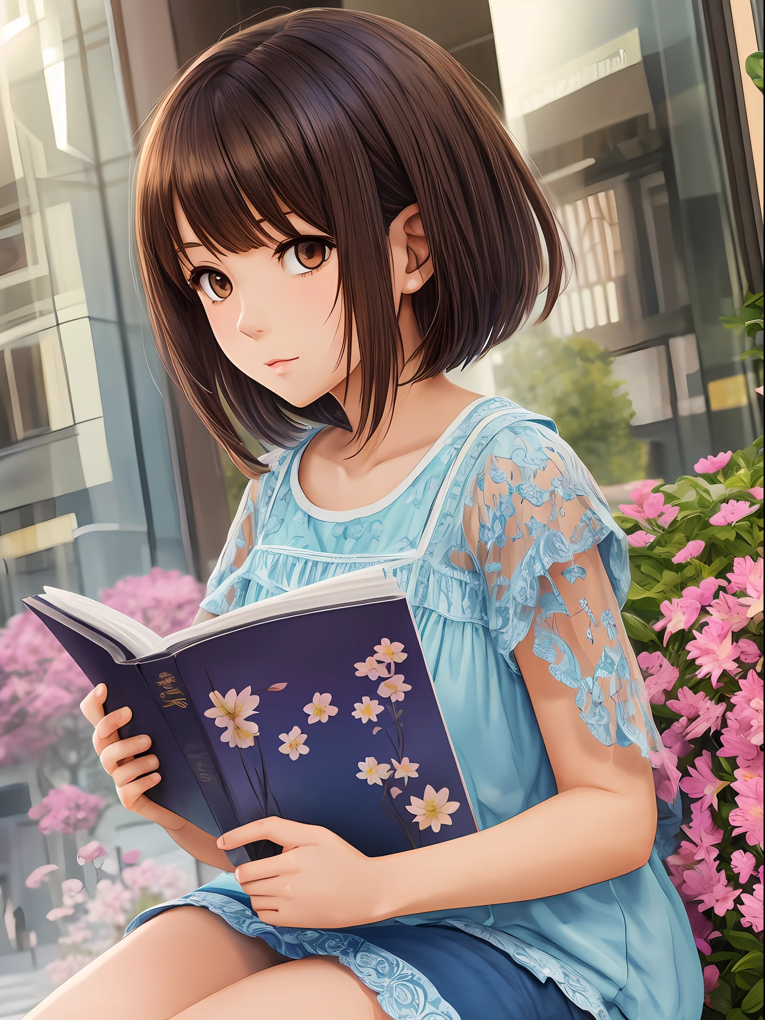 1 anime style girl, brown eyes, short brown hair with blue locks, sitting reading a book in a flowery square, super detailed