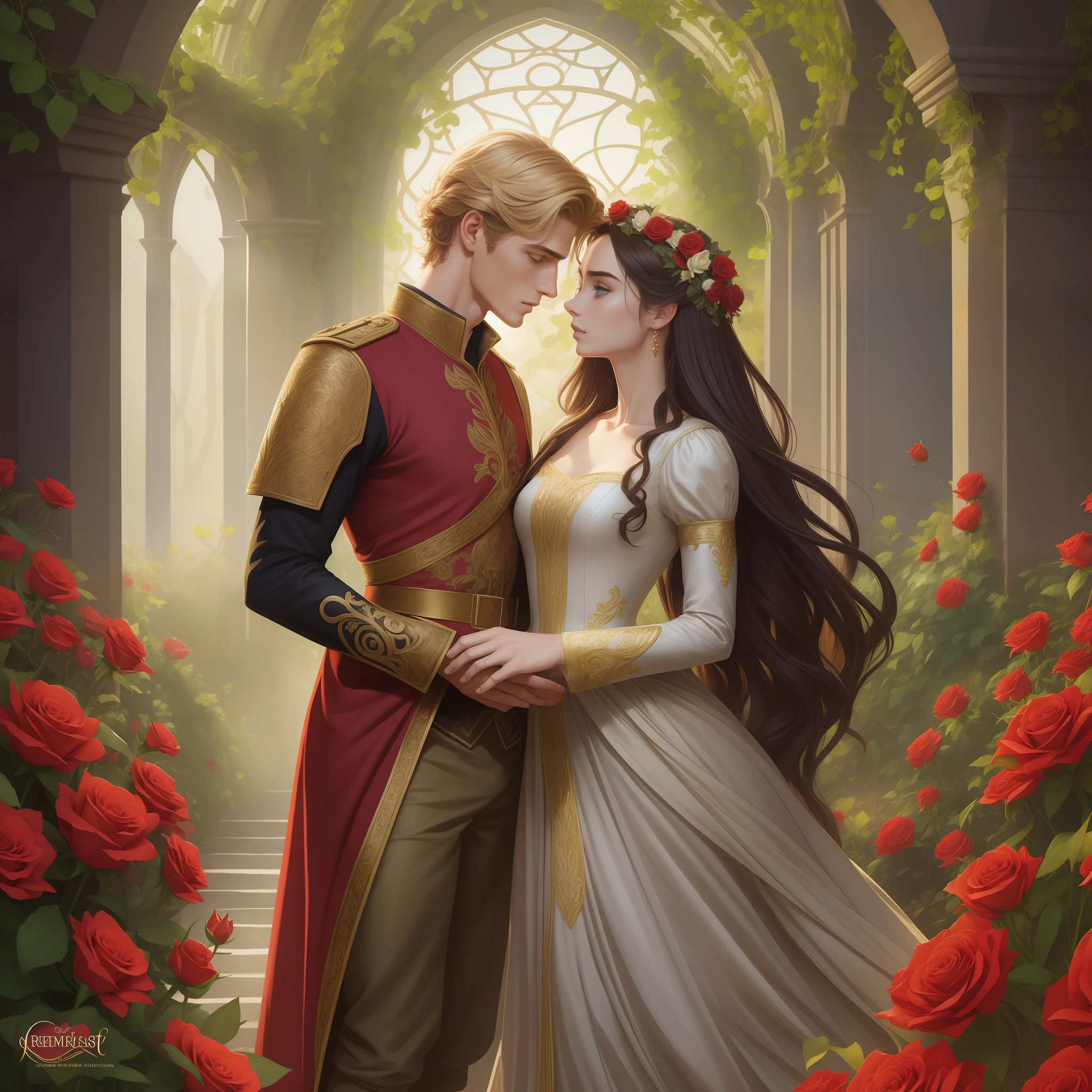 Couple kisses with great affection, Neels Visser is a prince who has golden blonde hair, wears a medieval military outfit and is in love with the commoner Lily Collins, who has curly brown black hair and wears a red dress, illustration of a romance book cover with a detailed, smooth, bright background full of ivy-covered flowers and red roses,  ornate dress standing on a bed of roses, rim light, dynamic lighting, ethereal lighting, ultra detail, concept art, elegant, surreal, art by Lisa Aisato, Greg Hildebrandt, Citemer Liu, Stjepan Sejic, Samyang, Aykut Aydogdu, Justin Gerard, Alphonse Mucha, Artgerm, WLOP and Greg Rutkowski