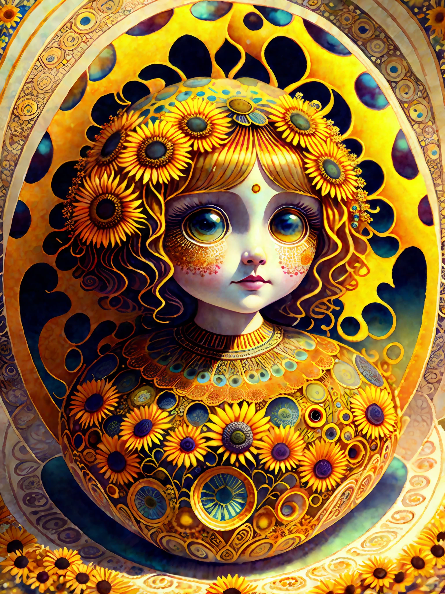 Gorgeous big eyes watercolor sunflower goddess covered in curlycue paisley flowerdesigns, intricate filigreeheaddress highly intricate hyper-detailed landscape illustration painting by Mark Ryden, Keane, Max Ernst, Bosch, Junji Ito, Mucha, maximalism, surrealism, 3d liquid detailing, volumetric lighting, octane render, 16k, storybook, a masterpiece