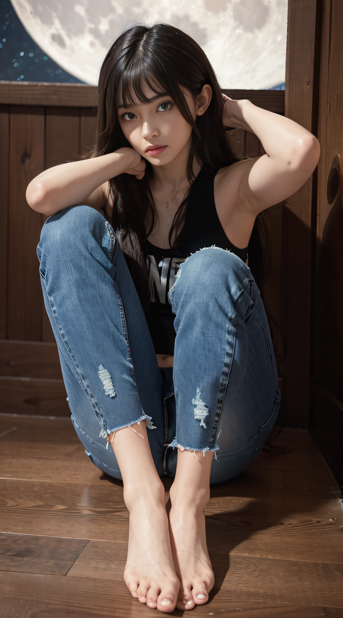 1girl, huge moon, night, skinny denim shorts, 8k, raw photo, best quality, masterpiece, realism, split bangs, long hair,