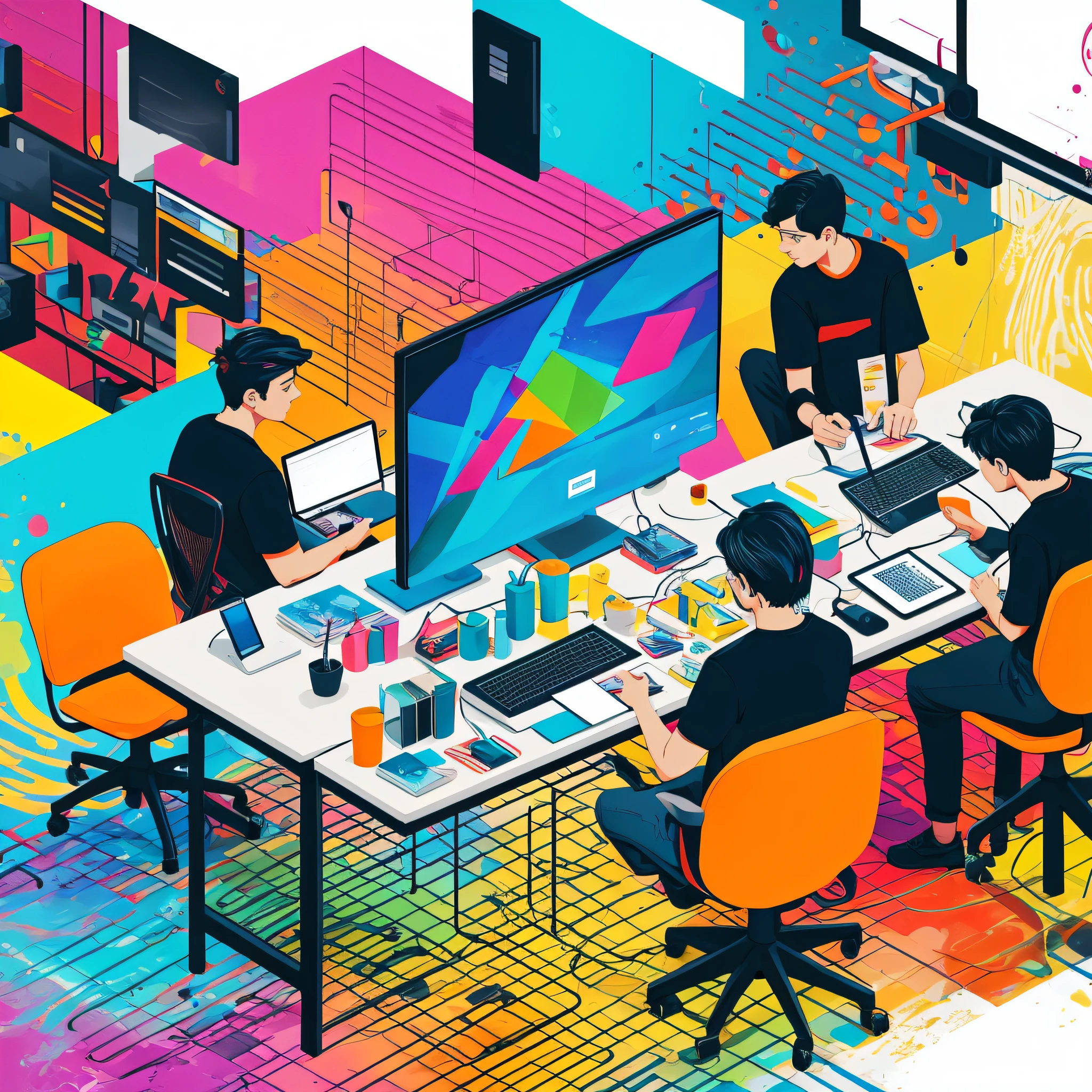 modern art, UI, group of youth working at computer desk, 2d abstract illustration, vivid colored walls, rich portraiture, playful streamlined form, rich portraiture, vivid watercolor background, --auto --s2