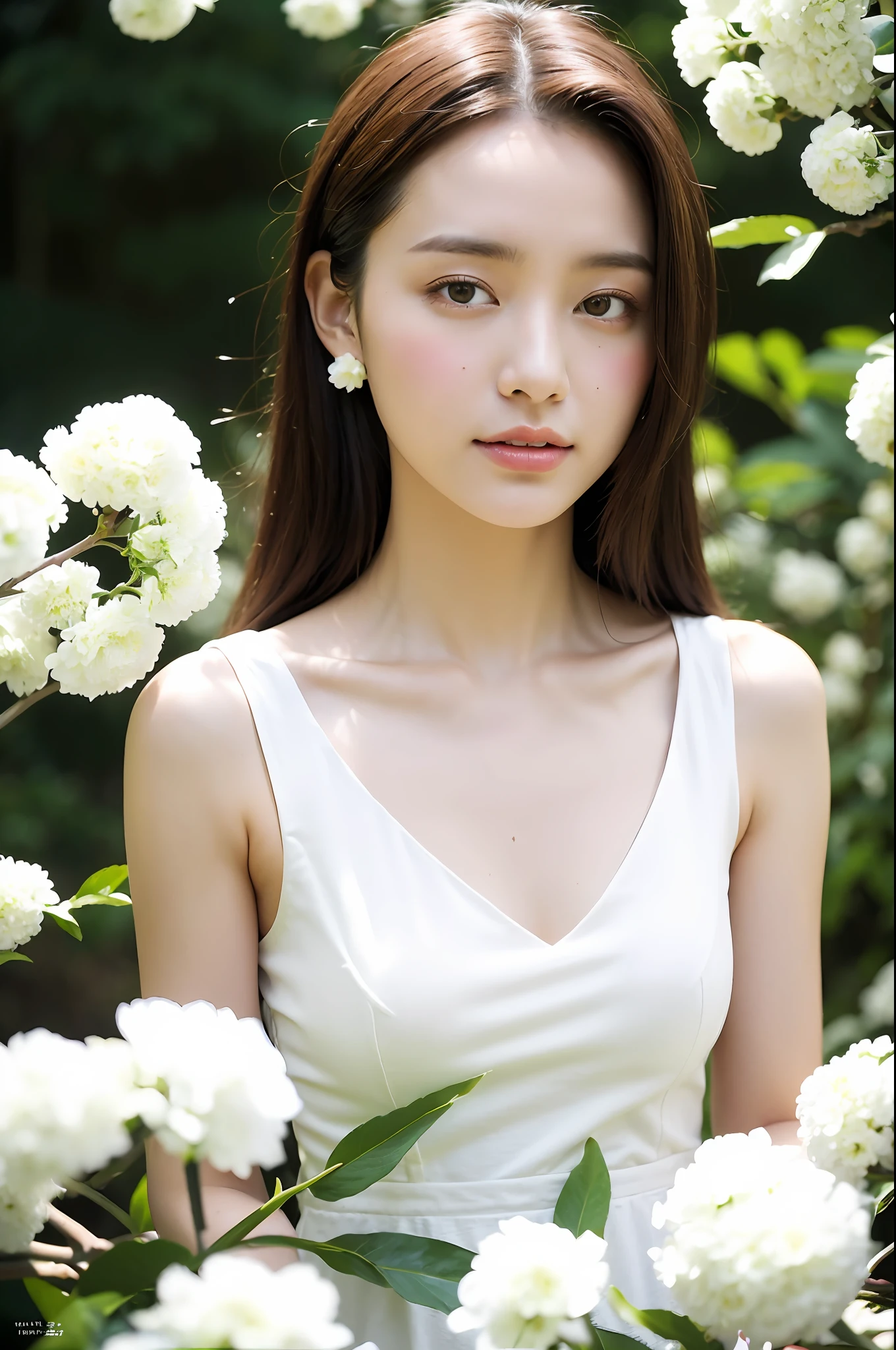 (best quality, masterpiece:1.2), 18yo beautiful girl in garden, white shirt, (white flowers mess in background:1.3), shoot the Sony a7,3.5 mm Lens, f 1.8 apature, lighting glow effect,no retouching,raw photo realistic, skin texture is very detail ,no makeup,