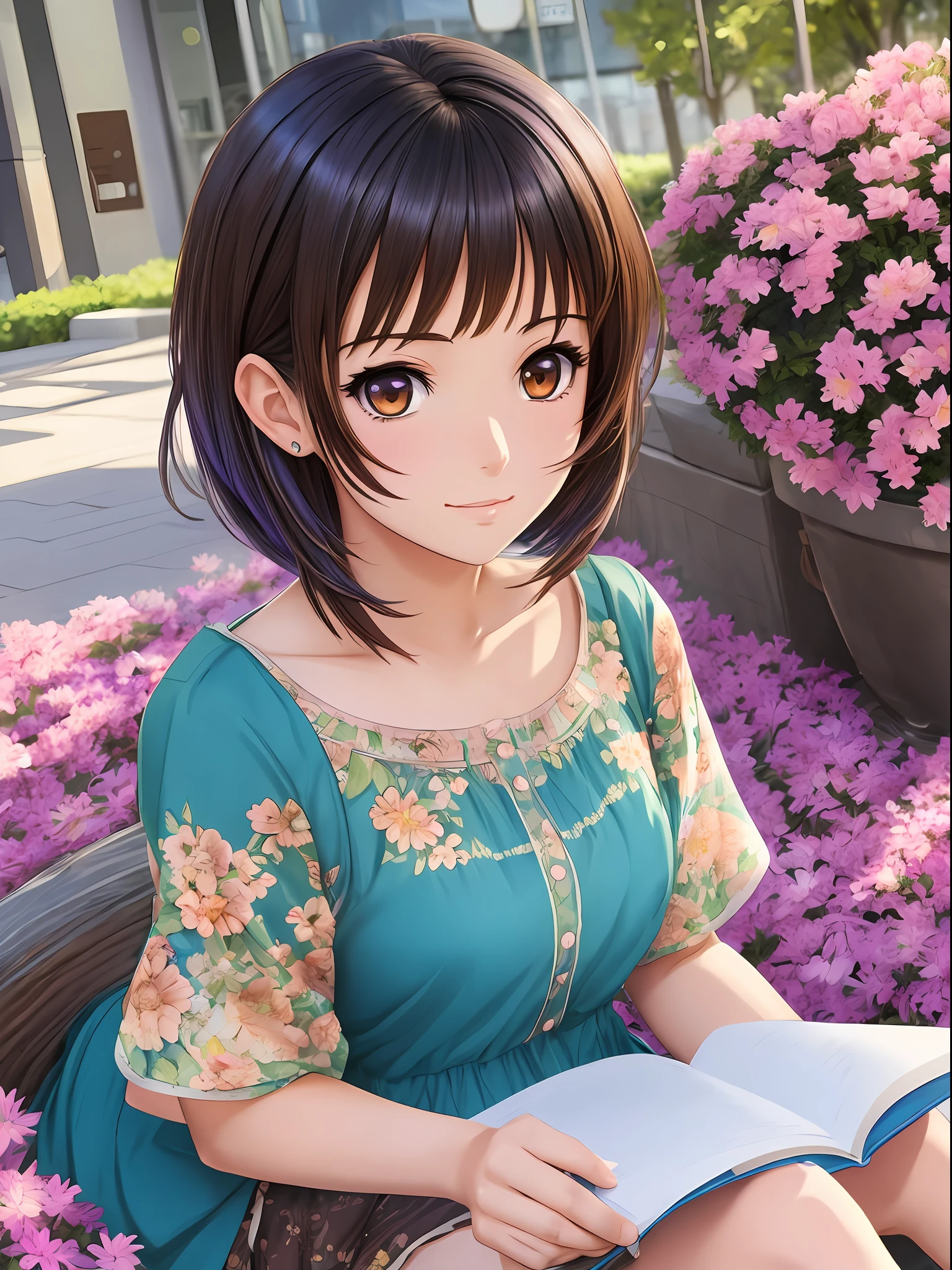 1 anime style girl, brown eyes, short brown hair with blue locks, sitting reading a book in a flowery square, super detailed