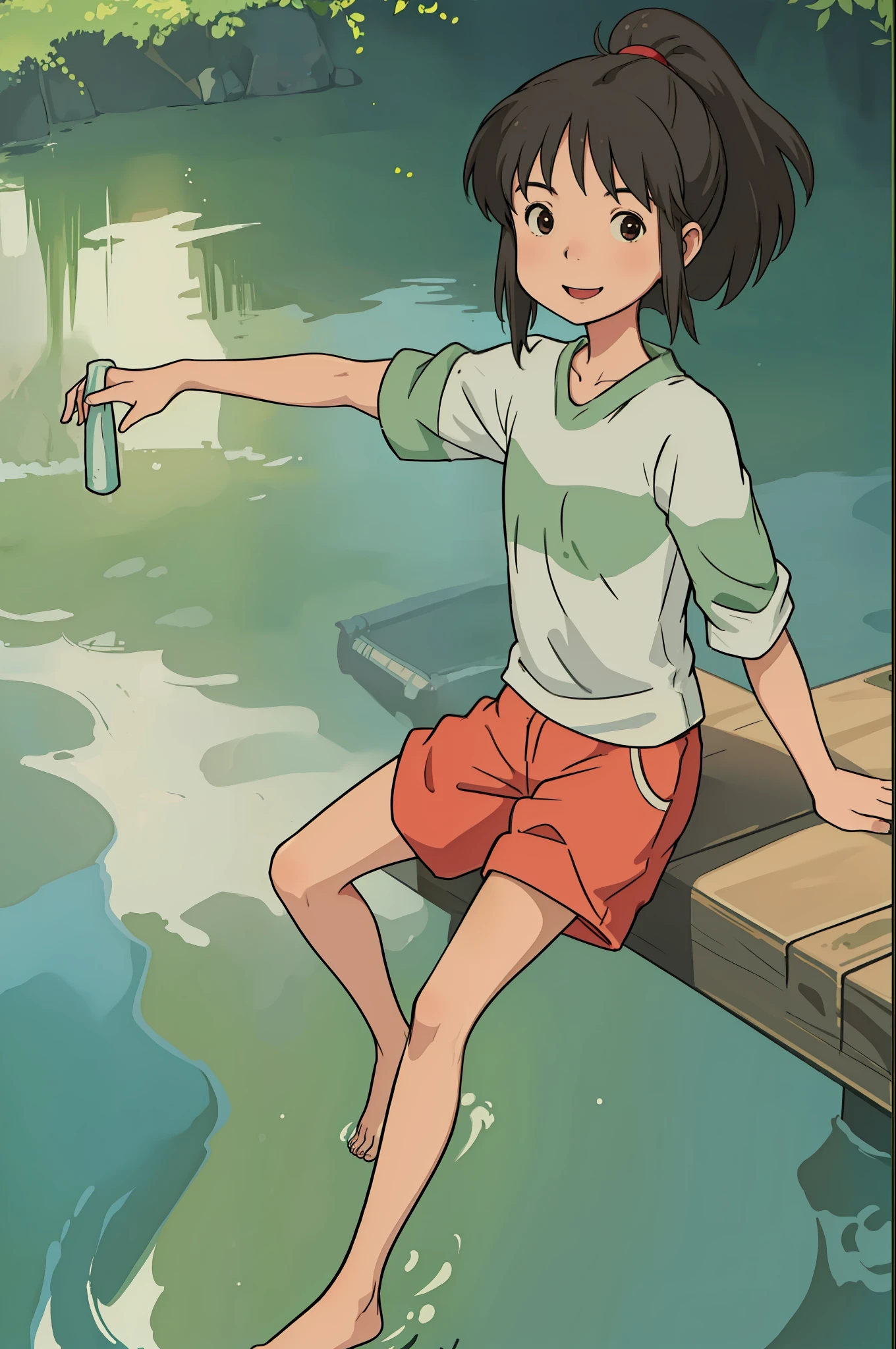(Masterpiece: 1.4), (Best Quality: 1.4), (High Resolution: 1.4), Totoro, Chihiro Ogino, Smile, Ponytail, Long Arm Shirt, Red Shorts, Barefoot, Rails, Balance, Arms Outstretched, Water, Colorful, High Contrast