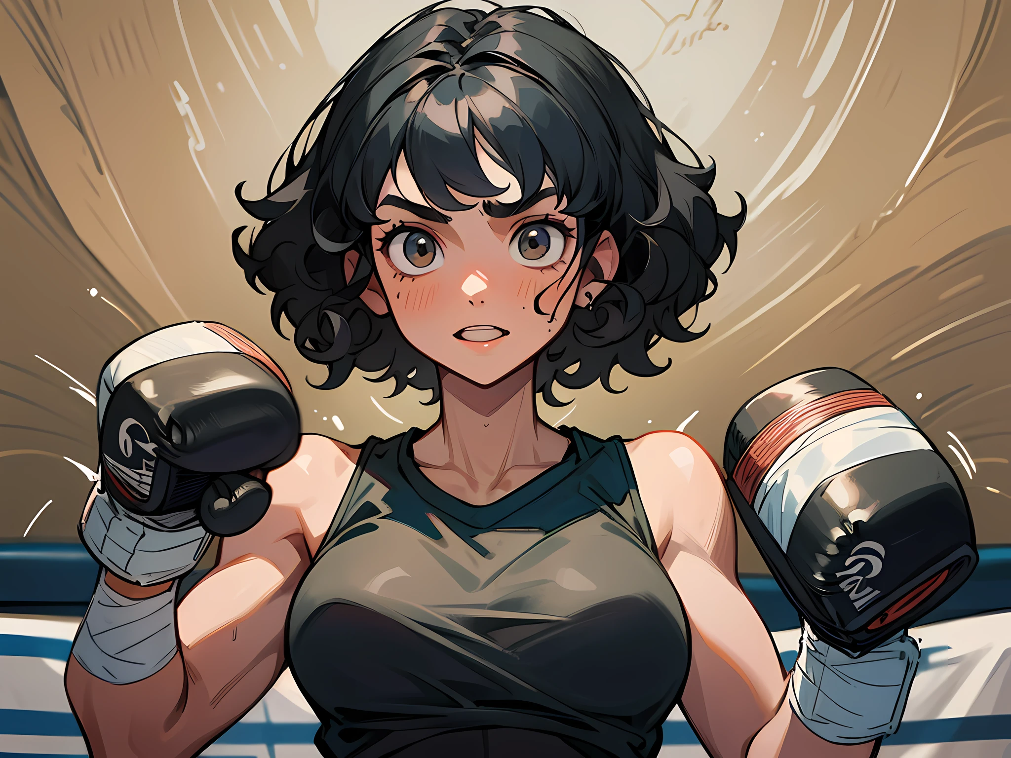(Best Quality, Masterpiece), 1girl, black curly hair, black hair, short hair, bandages on hands, a boxer, happy, boxing training room, punching sandbags, muscles, sports vests,