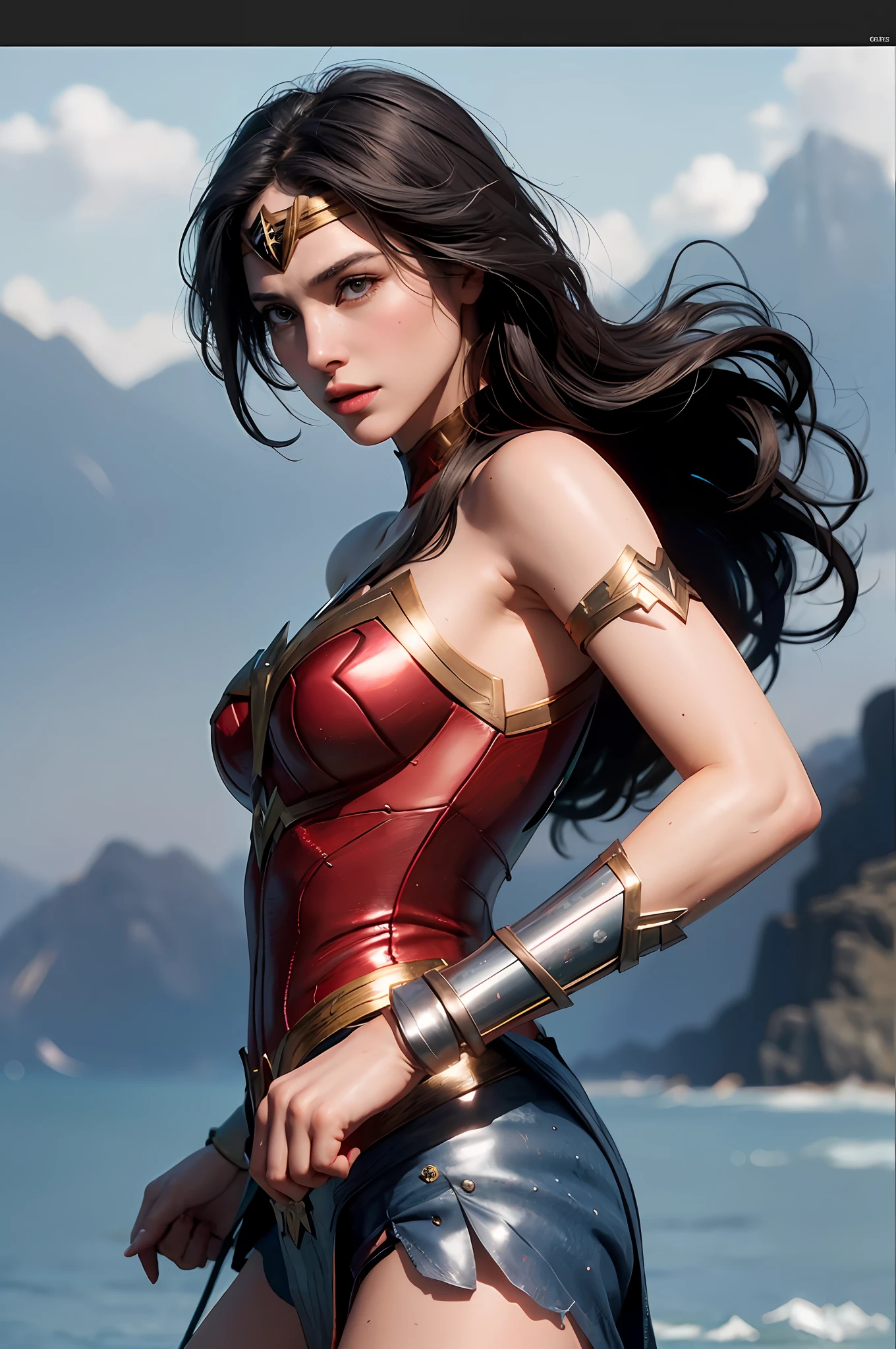 Insanely detailed off centered portrait of Wonder Woman, pretty face, athletic, dark hair, avant-garde, intricate, Ivana Spanovic fashion, ethereal, extreme detail, 8k, ultra hd, hyper detailed, johan grenier, greg rutkowski, hyperrealism, polished, cgsociety, cryengine, cinematic lighting, extreme long shot, tilt shift
