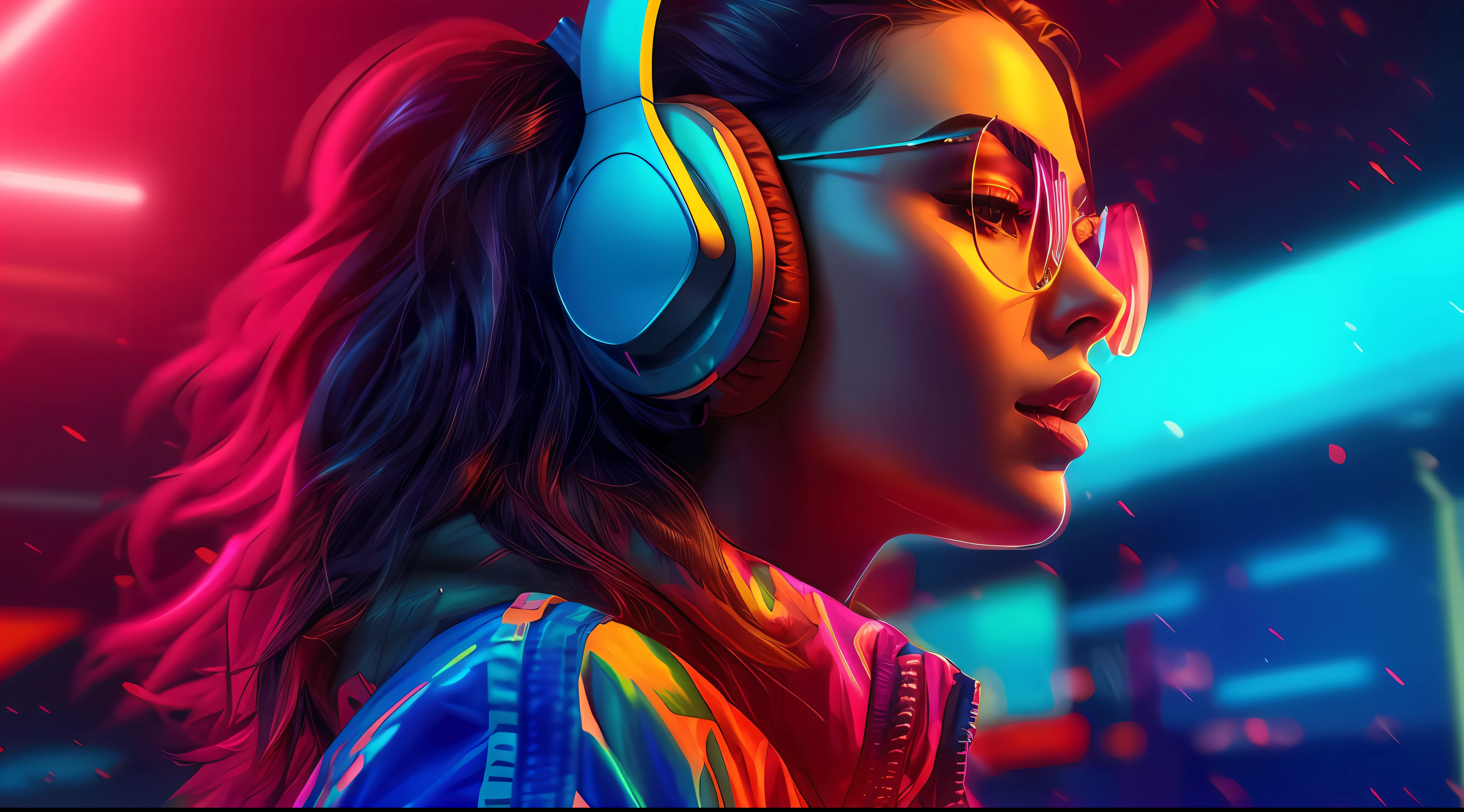 a woman wearing headphones and a jacket in a neon photo, headphones dj rave, girl wearing headphones, cyberpunk vibrant colors, neon cyberpunk vibrant colors, hq 4k phone wallpaper, phone wallpaper hd, high quality wallpaper, headphones, digital artwork 4 k, bright cyberpunk glow, wallpaper 4k, wallpaper 4 k, synthwave art, hd phone wallpaper, synthwave art style