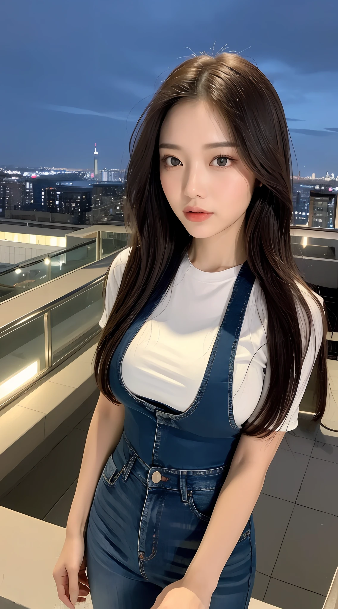 ((Midnight, Best quality, 8k, Masterpiece :1.3)), Whole body, Long legs, Sharp focus :1.2, A pretty woman with perfect figure :1.4, Slender abs :1.1, ((Dark brown hair, Big breasts :1.2)), (White tight tshirt, Jean bib, Standing:1.2), ((Night city view, Rooftop:1.3)), Highly detailed face and skin texture, Detailed eyes, Double eyelid