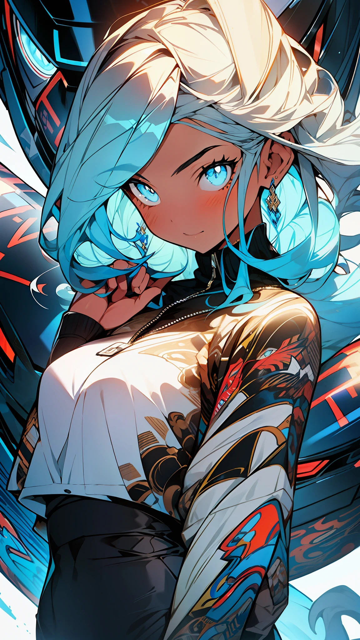 1girl, excellent lighting, sidelighting, (curvy: 1.2), vhsKeeper, girl large breasts, style GUILTY GEAR -STRIVE perfect(flat color: 1.3), (magazine_cover: 1.4), (multicolored_background: 1.3), striped_background, card_background, mixed-language_text, :: comix style by joe madureira :: , perfect and detailed, ultra detailed shirt with abstract design, with Japanese letters print in graffit of the sides of the dress, image of woman fighting with alien creature full of tentacles , with immersive effects, hover effect, background graffiti style tribal tattoo with vibrant colors "ultra hdr" detailed and with focus effect, (masterpiece: 1.2, best quality), (beautiful eyes finely detailed: 1.2), , ((Solo)), (Blue eyes:1.4), (Finely detailed eyes and detailed face with long eyelashes:1.3), in various full-body attack poses, (beautiful and clear background: 1.2),futuristic costume, super detailed circular metals Clinging to the arms and pants, fantastic paintings