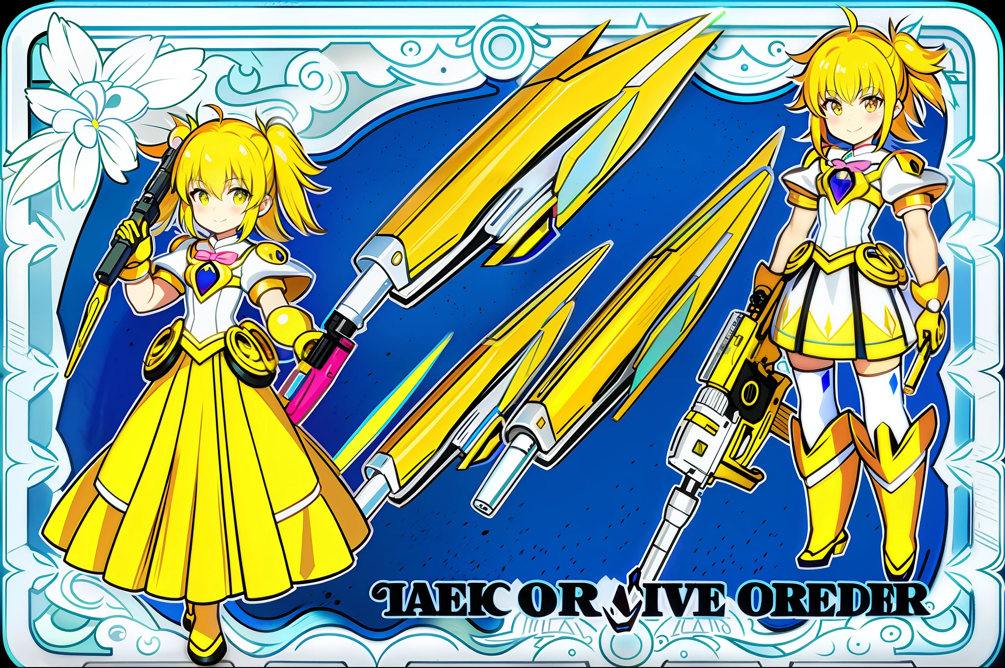 masterpiece,(best quality) magical girl,Lazer gun, yellow( ( character concept art ) )