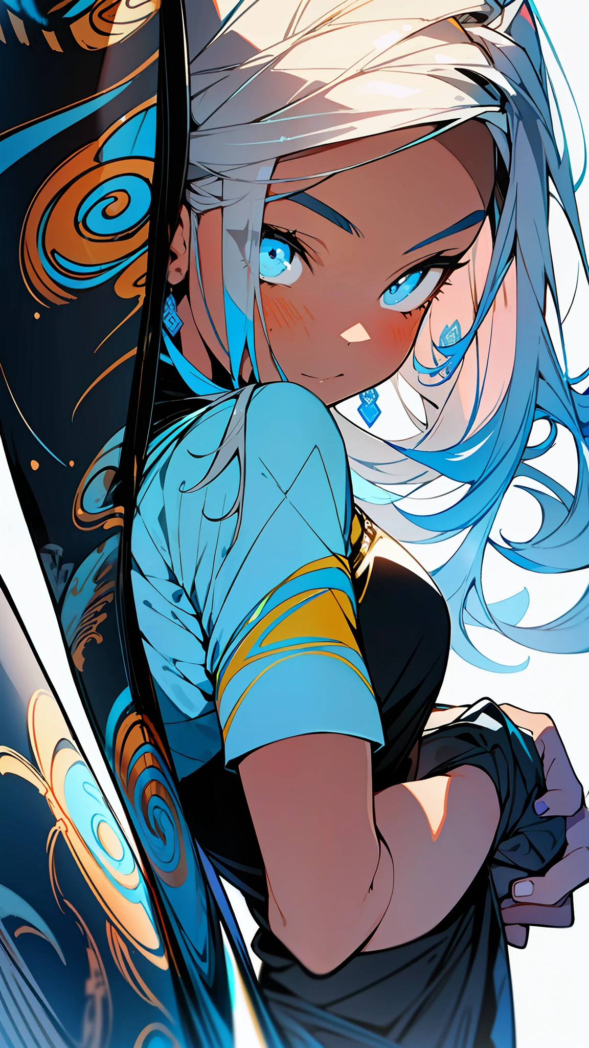 1girl, excellent lighting, sidelighting, (curvy: 1.2), vhsKeeper, girl large breasts, style GUILTY GEAR -STRIVE perfect(flat color: 1.3), (magazine_cover: 1.4), (multicolored_background: 1.3), striped_background, card_background, mixed-language_text, :: comix style by joe madureira :: , perfect and detailed, ultra detailed shirt with abstract design, with Japanese letters print in graffit of the sides of the dress, image of woman fighting with alien creature full of tentacles , with immersive effects, hover effect, background graffiti style tribal tattoo with vibrant colors "ultra hdr" detailed and with focus effect, (masterpiece: 1.2, best quality), (beautiful eyes finely detailed: 1.2), , ((Solo)), (Blue eyes:1.4), (Finely detailed eyes and detailed face with long eyelashes:1.3), in various full-body attack poses, (beautiful and clear background: 1.2),futuristic costume, super detailed circular metals Clinging to the arms and pants, fantastic paintings