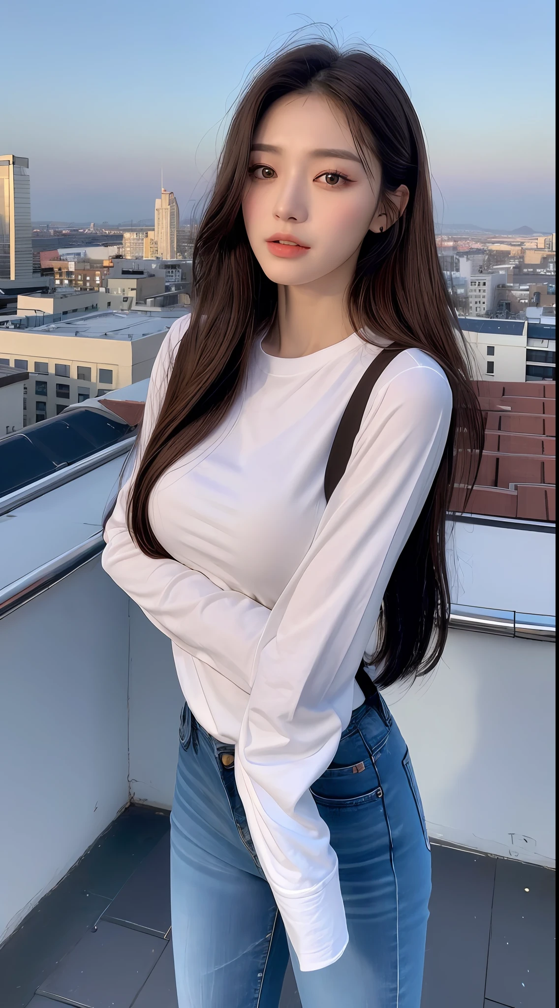 ((Midnight, Best quality, 8k, Masterpiece :1.3)), Whole body, Long legs, Sharp focus :1.2, A pretty woman with perfect figure :1.4, Slender abs :1.1, ((Dark brown hair, Big breasts :1.2)), (White tight tshirt, Jean bib, Standing:1.2), ((Night city view, Rooftop:1.3)), Highly detailed face and skin texture, Detailed eyes, Double eyelid