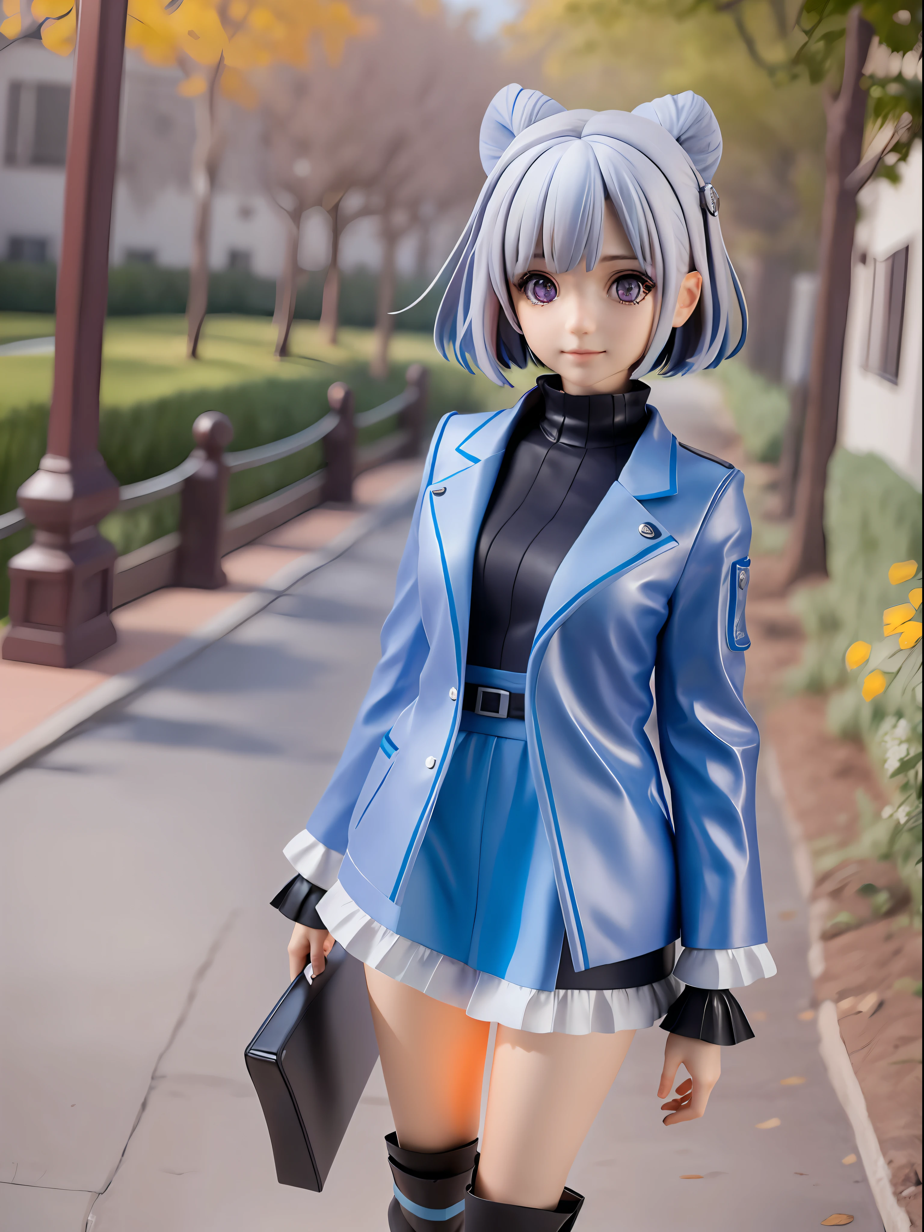 girl, amane kanata, star halo, solo, halo, angel wings, multicolored hair, asymmetrical hair, single hair intake, purple eyes, armband, 
BREAK
short hair, blue hair, grey hair, socks, long sleeves, grey jacket, bob cut, streaked hair, bangs, frills, wide sleeves, white wings, 
BREAK
black skirt, hair over one eye, frilled skirt, blue socks, sleeves past wrists, turtleneck dress, miniskirt, blue wings, cowboy shot, walking, garden,
BREAK
full body, chibi, [realistic], [3d], (3dcg), ((octane render)), [fisheye], smile, closed mouth, full body
BREAK
(8k, RAW photo, best quality, masterpiece:1.2), ultra high res, (((realistic, photo-realistic))), professional lighting, detailed lighting, professional photography, fisheye, dynamic angle, high quality, high res, extremely detailed, bloom
BREAK
depth of field, sketch, sharp focus, soft lighting, good composition, god light highlight, detailed, (((photorealistic details))), detailed skin, to8contrast style