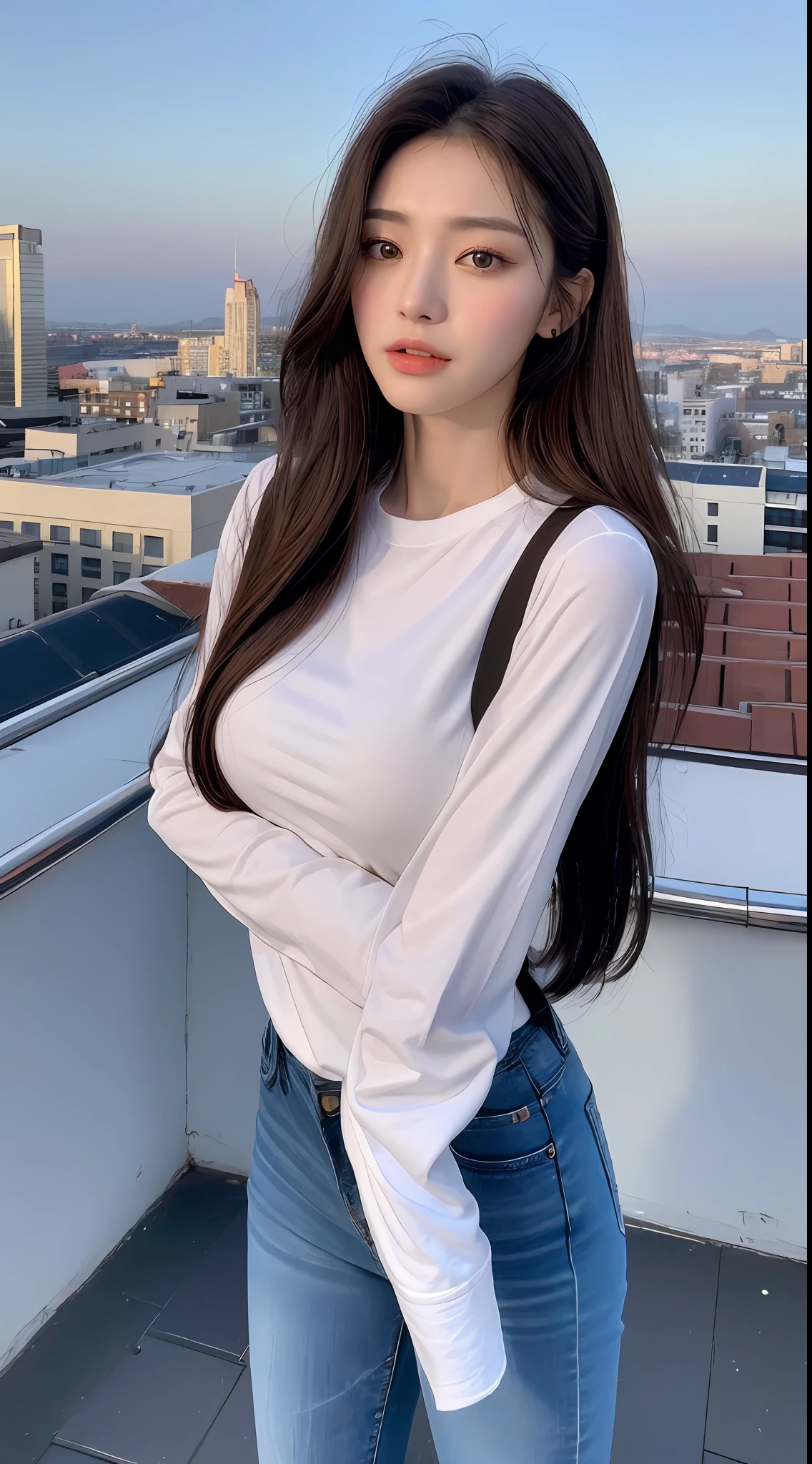 ((Midnight, Best quality, 8k, Masterpiece :1.3)), Whole body, Long legs, Sharp focus :1.2, A pretty woman with perfect figure :1.4, Slender abs :1.1, ((Dark brown hair, Big breasts :1.2)), (White tight tshirt, Jean bib, Standing:1.2), ((Night city view, Rooftop:1.3)), Highly detailed face and skin texture, Detailed eyes, Double eyelid