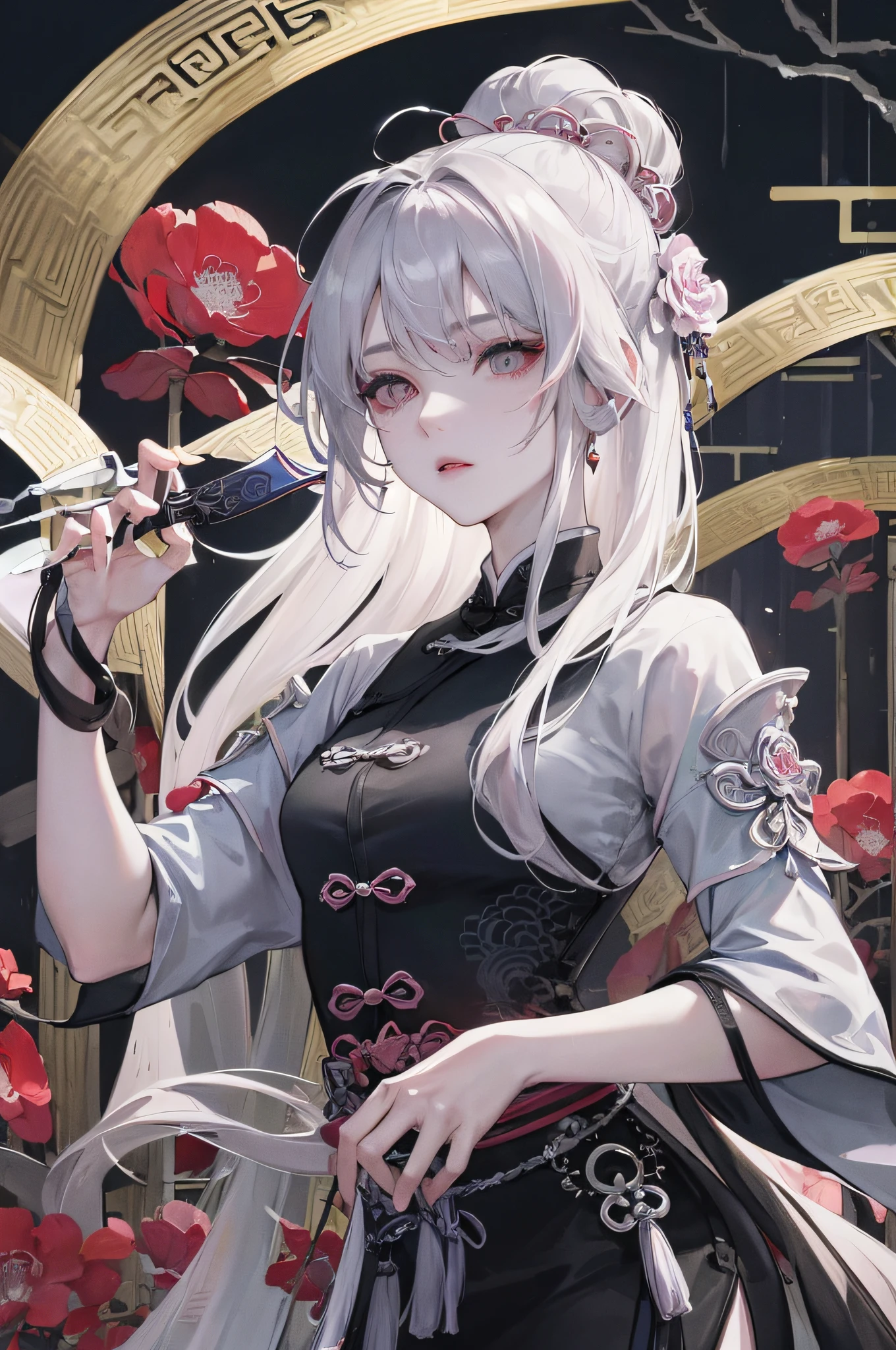 Masterpiece, Best, Night, Full Moon, 1 Female, Mature Woman, Chinese Style, Ancient China, Elder Sister, Royal Sister, Cold Face, Expressionless, Silver White Long Haired Woman, Pale Pink Lips, Calm, Intellectual, Three Belts, Gray Hitomi, assassin, dagger, flower ball background, street view
