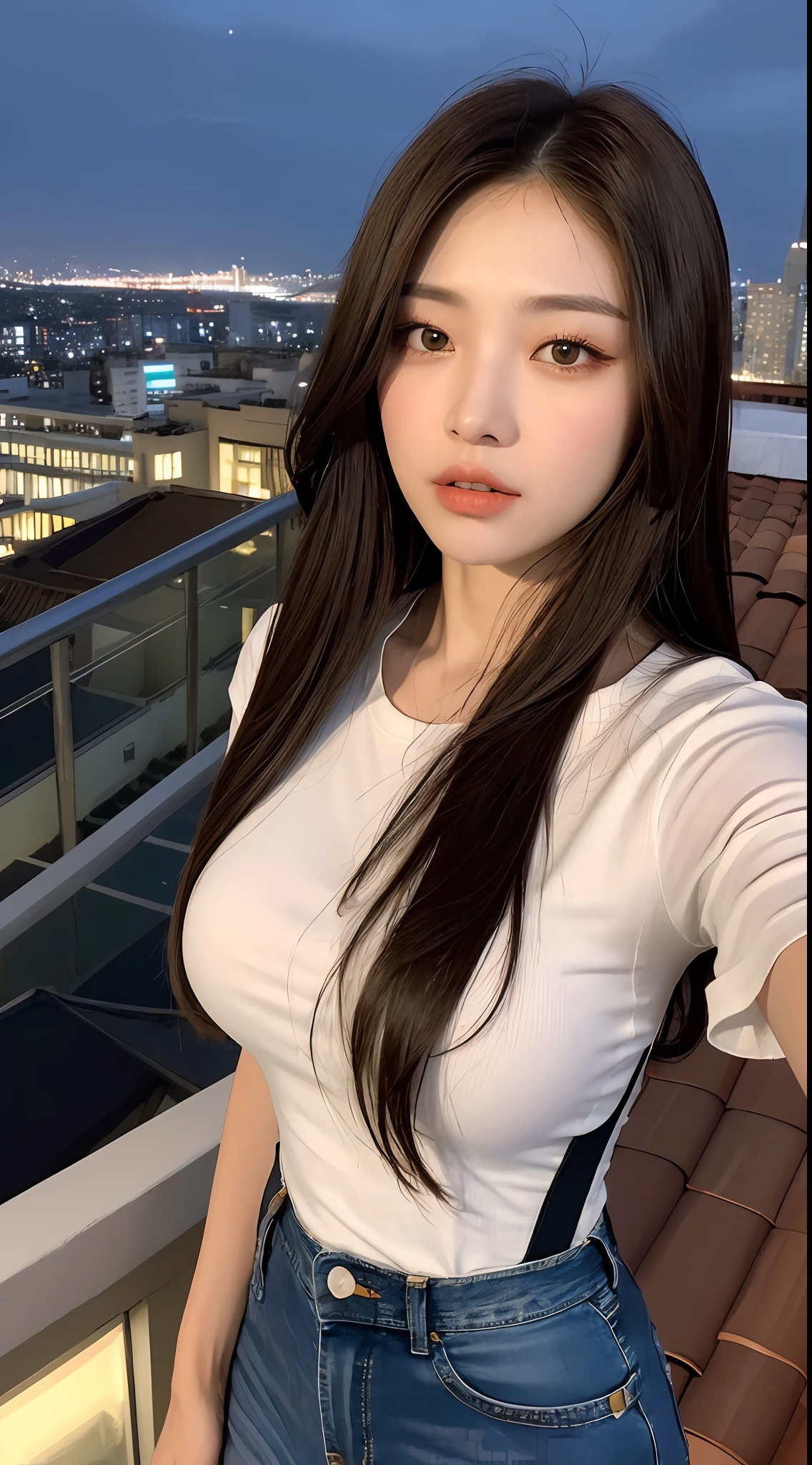 ((Midnight, Best quality, 8k, Masterpiece :1.3)), Whole body, Long legs, Sharp focus :1.2, A pretty woman with perfect figure :1.4, Slender abs :1.1, ((Dark brown hair, Big breasts :1.2)), (White tight tshirt, Jean bib, Standing:1.2), ((Night city view, Rooftop:1.3)), Highly detailed face and skin texture, Detailed eyes, Double eyelid