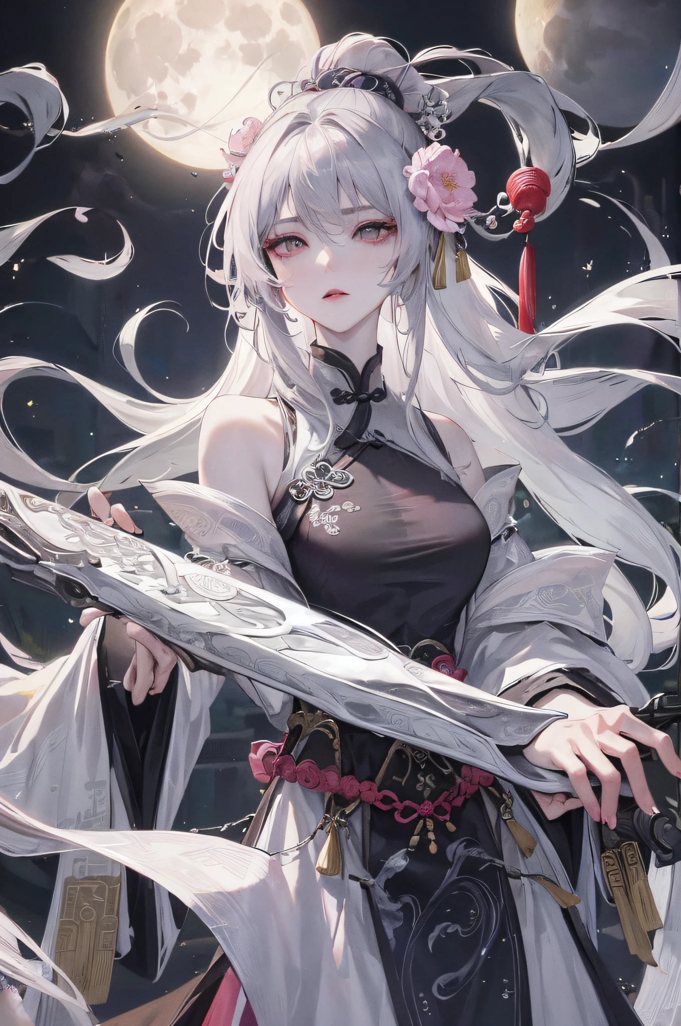 Masterpiece, Best, Night, Full Moon, 1 Female, Mature Woman, Chinese Style, Ancient China, Elder Sister, Royal Sister, Cold Face, Expressionless, Silver White Long Haired Woman, Pale Pink Lips, Calm, Intellectual, Three Belts, Gray Hitomi, assassin, dagger, flower ball background, street view