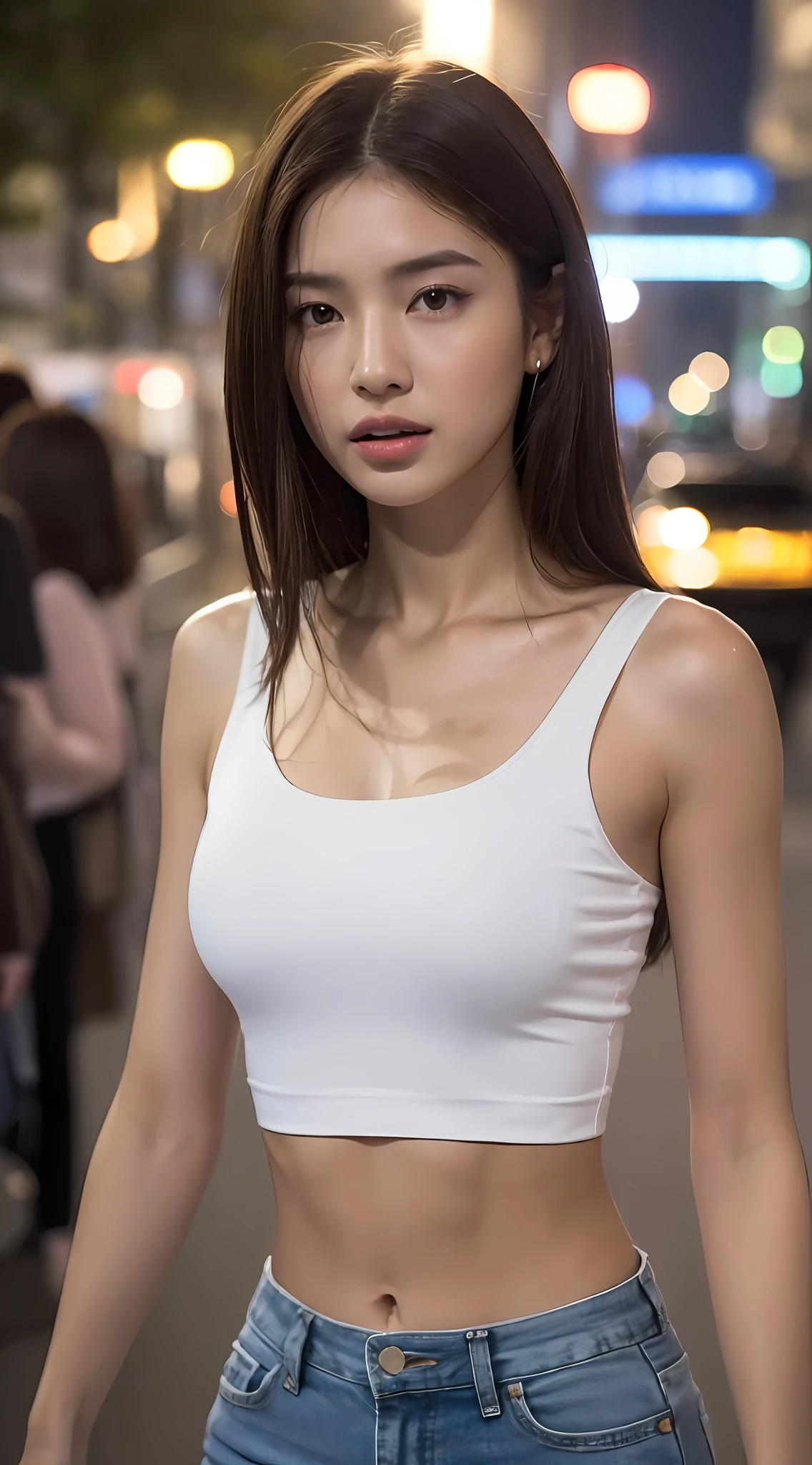((Realistic lighting, Best quality, 8K, Masterpiece: 1.3)), Clear focus: 1.2, 1girl, Perfect Figure: 1.4, Slim Abs: 1.1, ((Dark brown hair)), (White crop top: 1.4), (Outdoor, Night: 1.1), City streets, Super fine face, Fine eyes, Double eyelids,