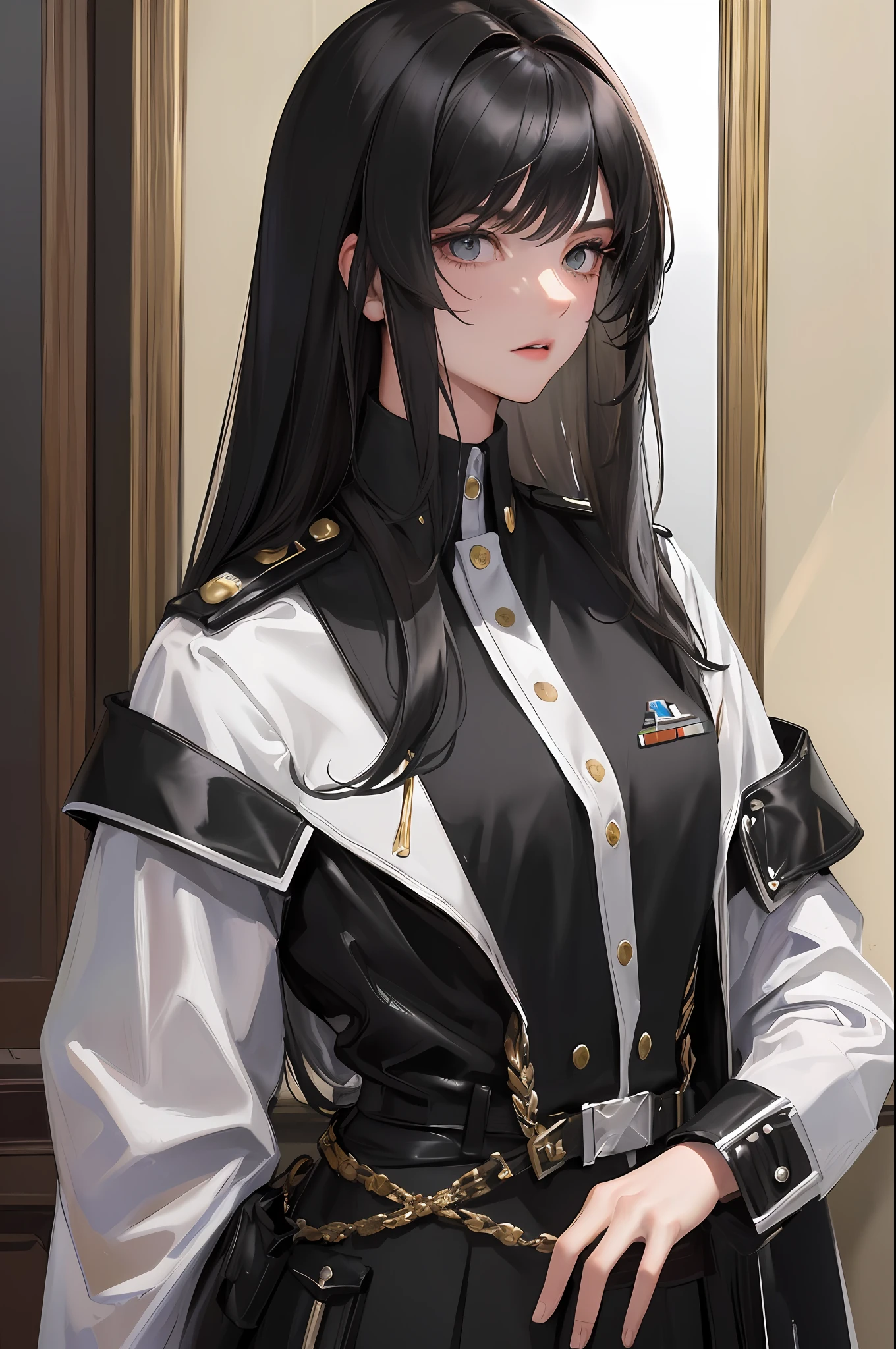 (highest resolution, distinct_image) best quality, woman, masterpiece, high detail, semi-realistic, short black hair, black hair, bangs, 21 years old, shoulder-length hair, mature, young, black clothes, black uniform, military academy beauty heroic heroic posture interior background exquisite and exquisite facial features