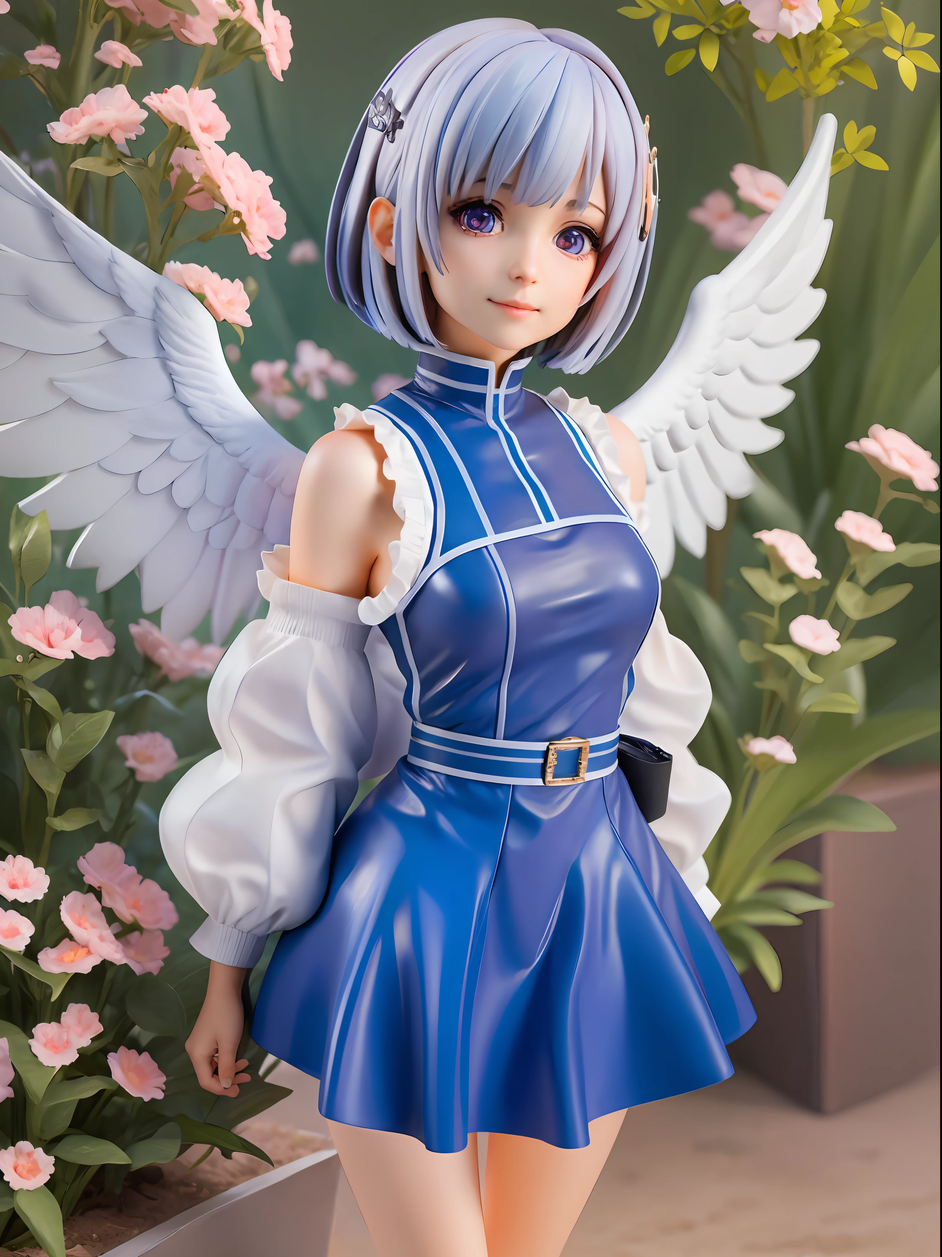 girl, amane kanata, star halo, solo, halo, angel wings, multicolored hair, asymmetrical hair, single hair intake, purple eyes, armband, 
BREAK
short hair, blue hair, grey hair, socks, long sleeves, grey jacket, bob cut, streaked hair, bangs, frills, wide sleeves, white wings, 
BREAK
black skirt, hair over one eye, frilled skirt, blue socks, sleeves past wrists, turtleneck dress, miniskirt, blue wings, cowboy shot, walking, garden,
BREAK
full body, chibi, [realistic], [3d], (3dcg), ((octane render)), [fisheye], smile, closed mouth, full body
BREAK
(8k, RAW photo, best quality, masterpiece:1.2), ultra high res, (((realistic, photo-realistic))), professional lighting, detailed lighting, professional photography, fisheye, dynamic angle, high quality, high res, extremely detailed, bloom
BREAK
depth of field, sketch, sharp focus, soft lighting, good composition, god light highlight, detailed, (((photorealistic details))), detailed skin, to8contrast style