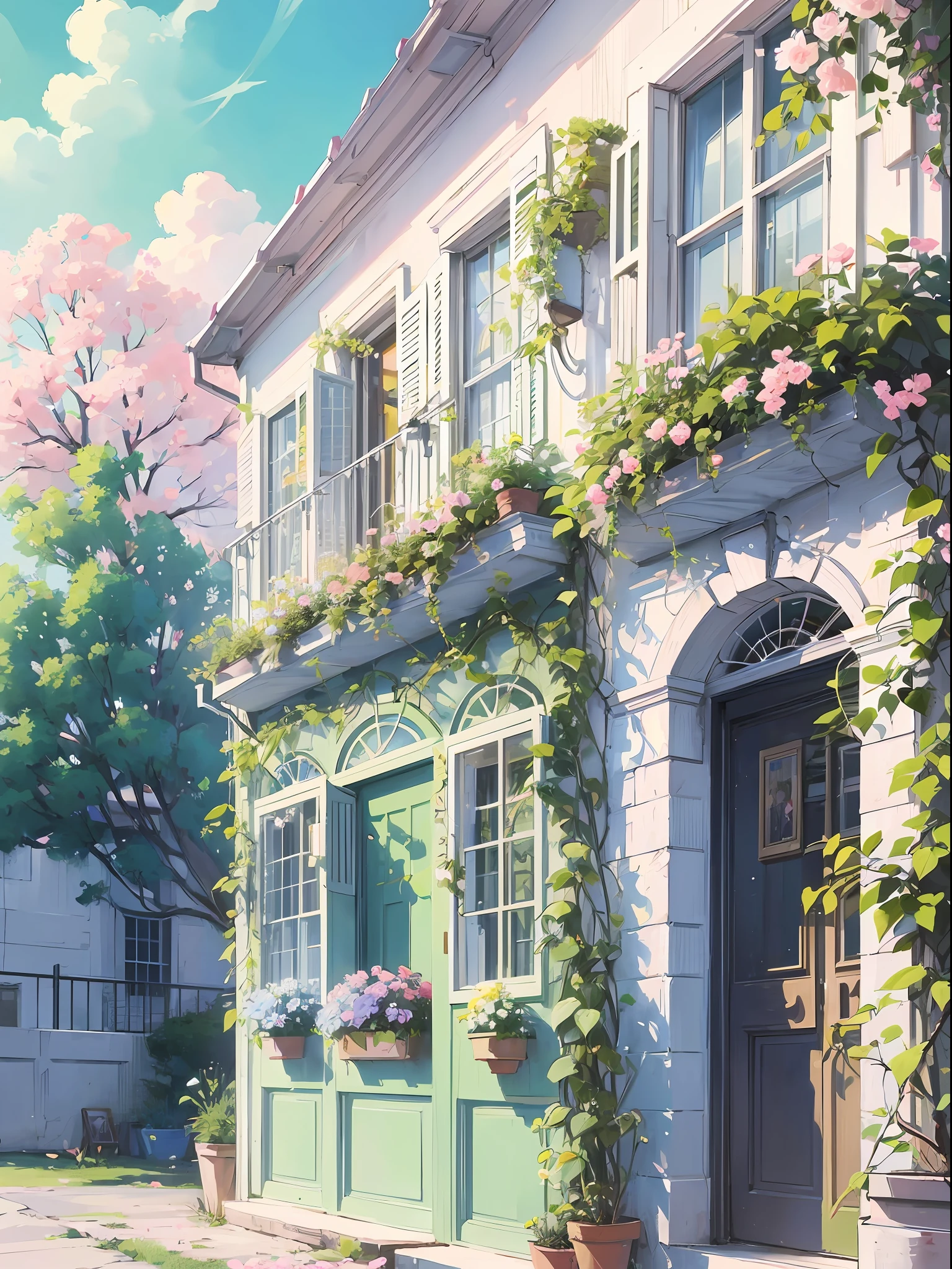 Painting of a three-story small western-style building, white walls, light green doors and windows, pink rose flowers, flower vines, anime background art, relaxation concept art, anime landscape concept art, very detailed scenes, beautiful artwork illustrations, highly detailed scenes, environmental design illustrations, beautiful anime scenes, anime landscapes, detailed soft paintings, environmental paintings --auto --s2