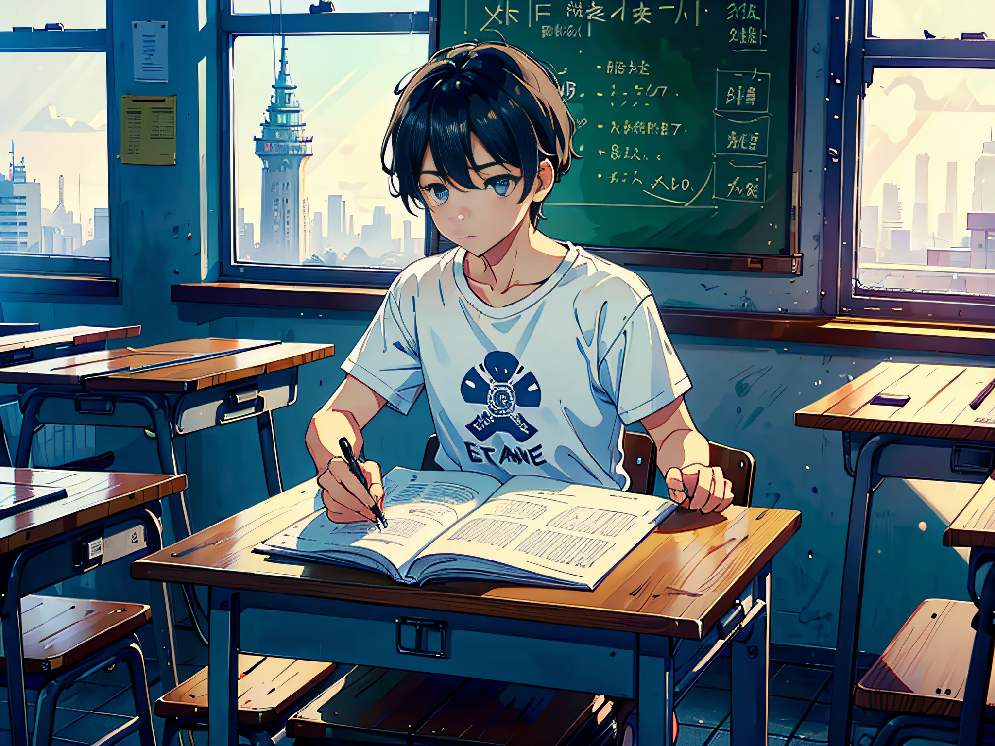 A boy takes the exam in the classroom, alone, with a test paper in his hand and a pen in his hand (background in the classroom: 1.5). The exam is for multiple people and has a score of 1.5. The man was wearing a white T-shirt in the background, sitting on a stool in the classroom. The camera mainly features the upper body, in Loepfe Art style ((New Sea City), popular in CGStation, New Sea Cheng H 2160, cute aesthetics, cute, inspired by Bian Shoumin, cute hip hop, new sea city, kavasi, Guwitz style, high quality, 4K, 8K, resolution, -auto-s2