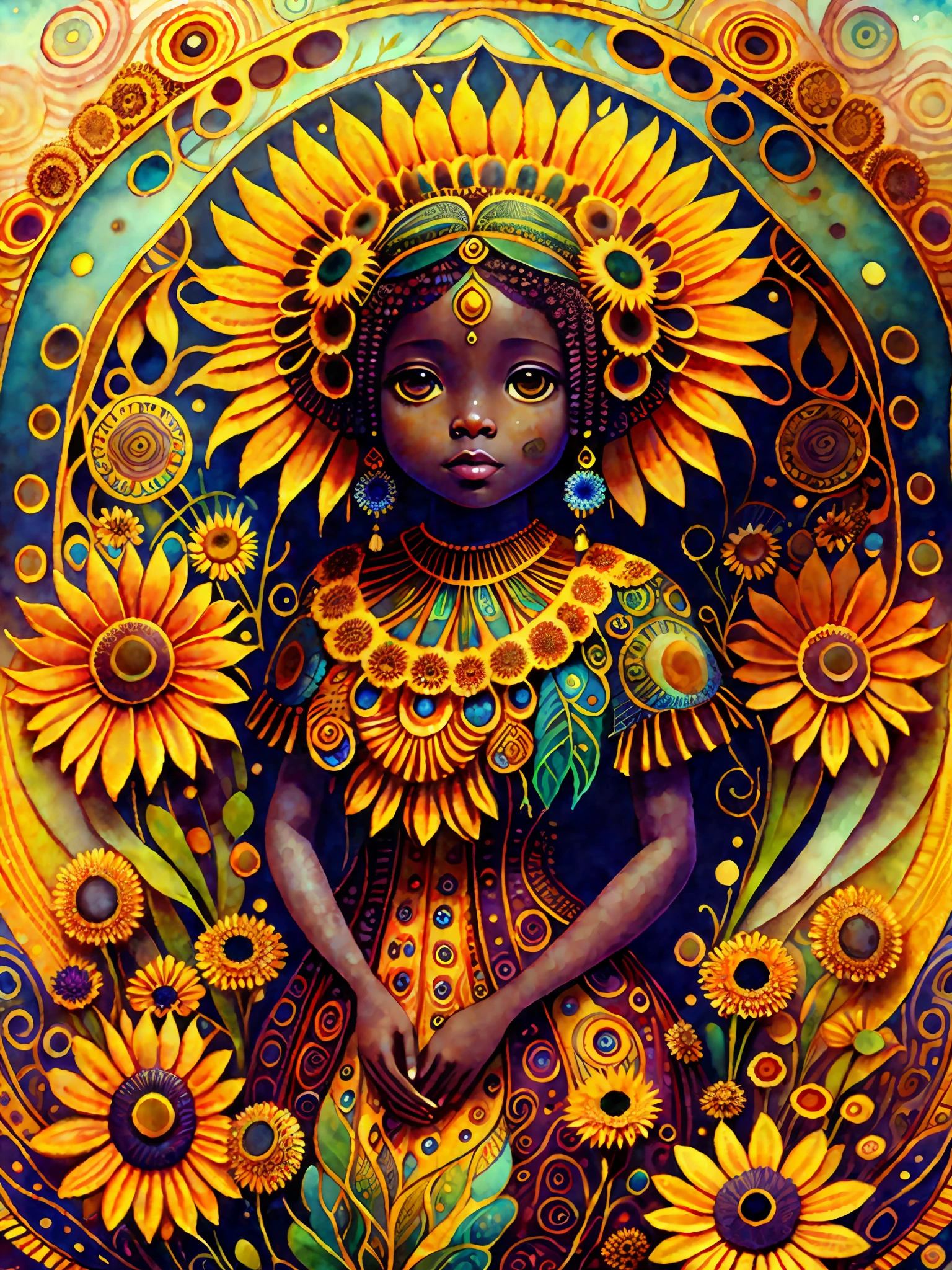 Gorgeous big eyes watercolor sunflower african goddess covered in curlycue paisley flowerdesigns, intricate filigreeheaddress highly intricate hyper-detailed landscape illustration painting by Mark Ryden, Keane, Max Ernst, Bosch, Junji Ito, Mucha, maximalism, surrealism, 3d liquid detailing, volumetric lighting, octane render, 16k, storybook, a masterpiece