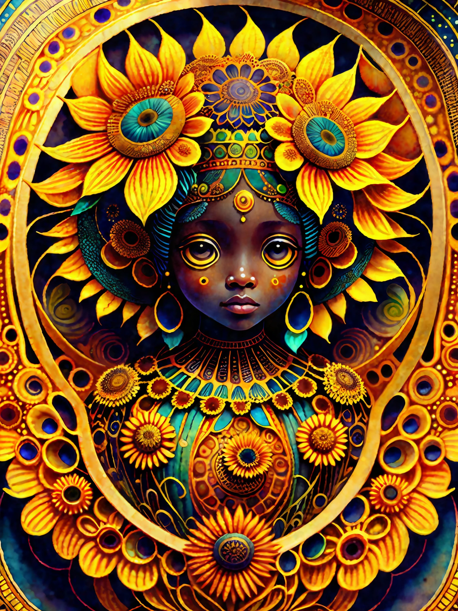 Gorgeous big eyes watercolor sunflower african goddess covered in curlycue paisley flowerdesigns, intricate filigreeheaddress highly intricate hyper-detailed landscape illustration painting by Mark Ryden, Keane, Max Ernst, Bosch, Junji Ito, Mucha, maximalism, surrealism, 3d liquid detailing, volumetric lighting, octane render, 16k, storybook, a masterpiece