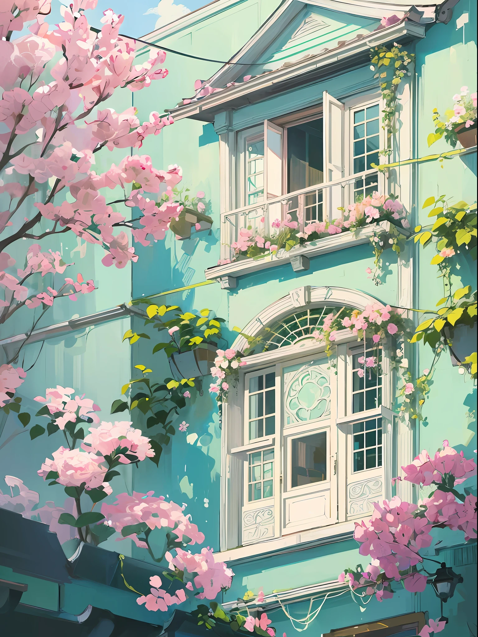 Painting of a three-story small western-style building, white walls, light green doors and windows, pink rose flowers, flower vines, anime background art, relaxation concept art, anime landscape concept art, very detailed scenes, beautiful artwork illustrations, highly detailed scenes, environmental design illustrations, beautiful anime scenes, anime landscapes, detailed soft paintings, environmental paintings --auto --s2