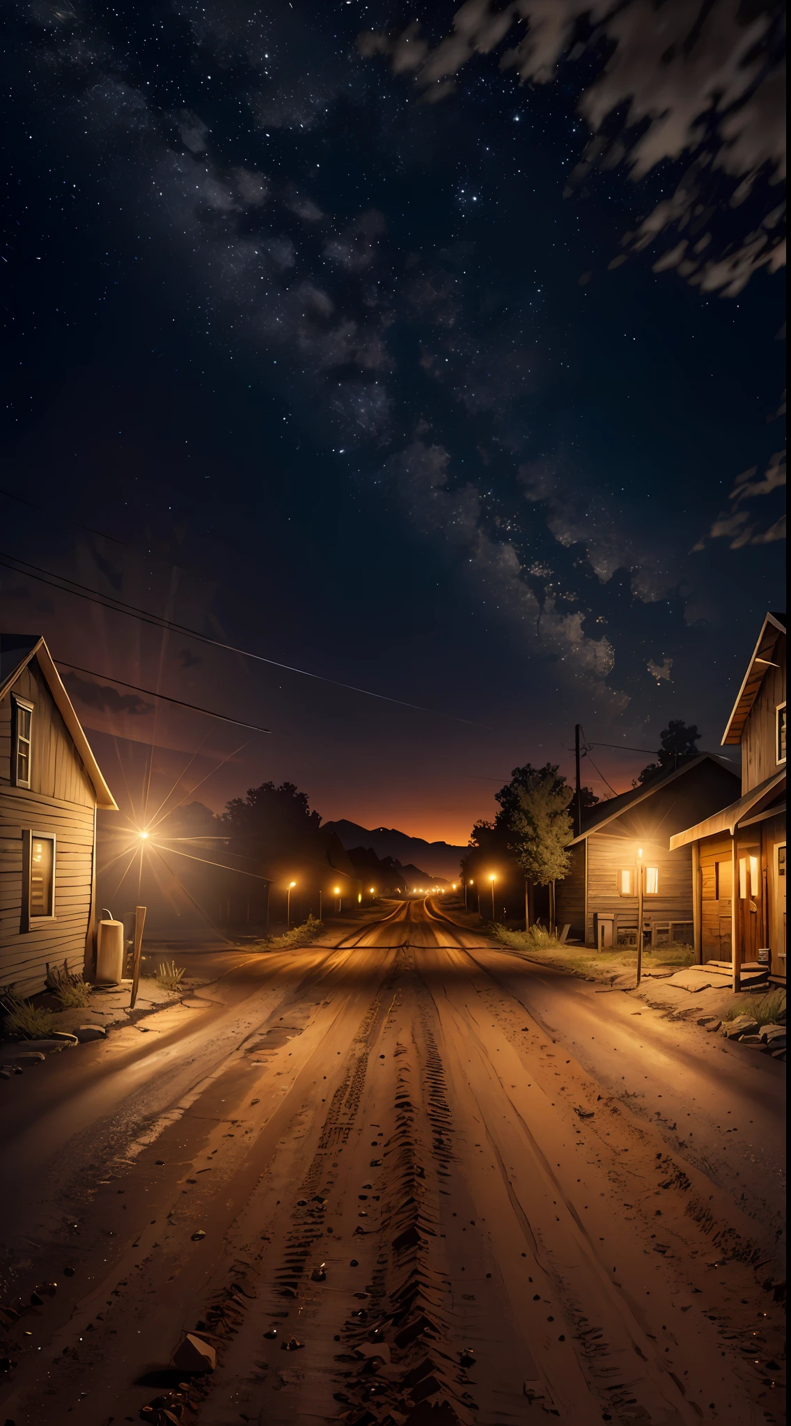 Rural dirt road, (crossing two roads), empty street, (some lit candles), night, 0h, cozy, little deluded, intricate, hyperdetailed, realistic, ultra-realistic, high quality, best, ultra detail, crazy detail, extremely detailed, photo realism, 8k uhd