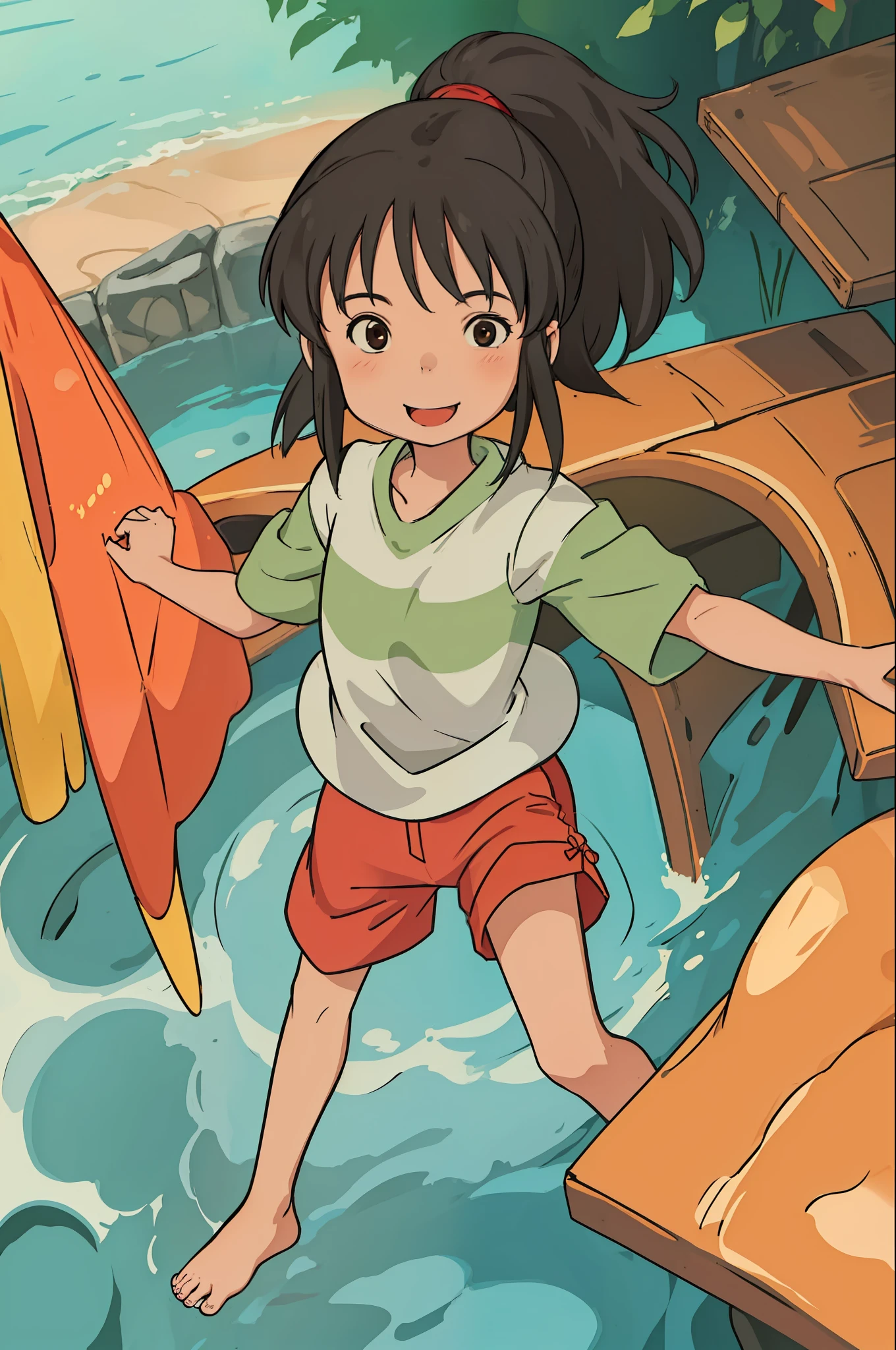 (Masterpiece: 1.4), (Best Quality: 1.4), (High Resolution: 1.4), Totoro, Briquette Genie, Chihiro Ogino, Smile, Ponytail, Long arm shirt, Red shorts, Barefoot, Rails, Balance, Arms Outstretched, Colorful, High contrast