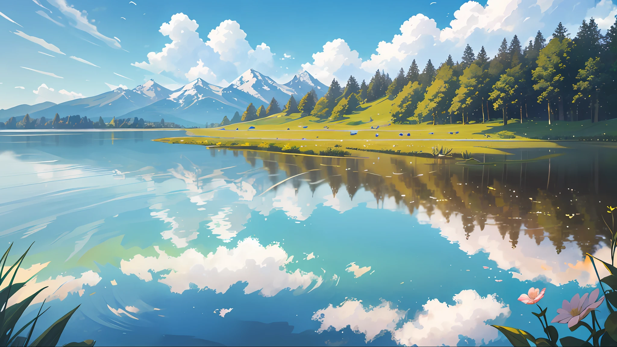 Summer, meadows, few small flowers, clear lakes, sheep, heaven, large clouds, blue sky, hot weather, HD detail, wet watermark, hyper-detail, cinematic, surrealism, soft light, deep field focus bokeh, distant view is snowy mountains, ray tracing, and surrealism. --v6