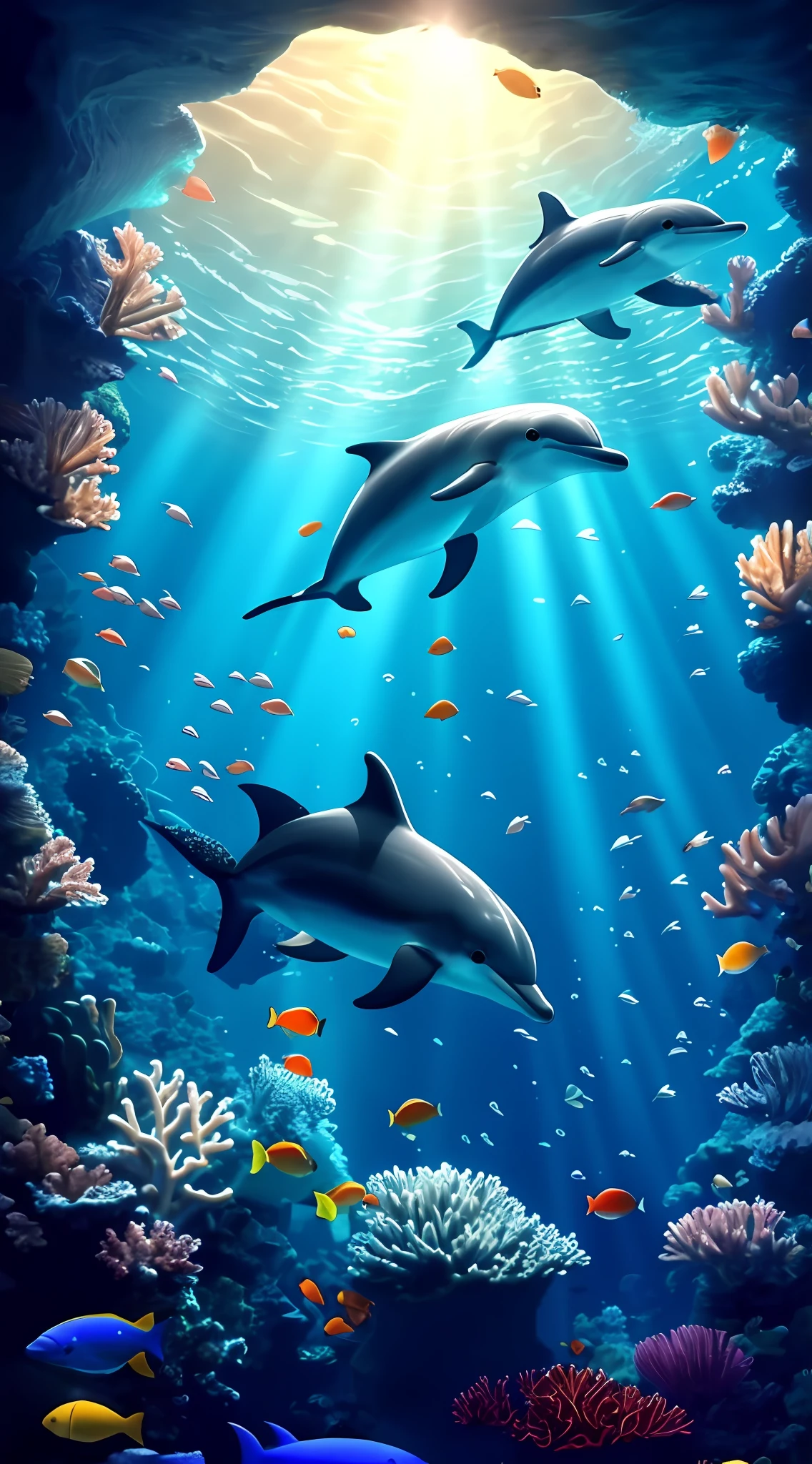 dolphins swimming in ocean with coral and fish, dolphin swimming, dolphin amazing detail, amazing depth, light and shadow detail, incredible depth, beautiful wallpaper, amazing wallpaper, underwater world, colorful colors, dolphin swimming, in the sea, underwater landscape, hd mobile wallpaper, mobile wallpaper, mobile wallpaper, amazing screensaver, underwater life, watching fish swimming, fish swimming